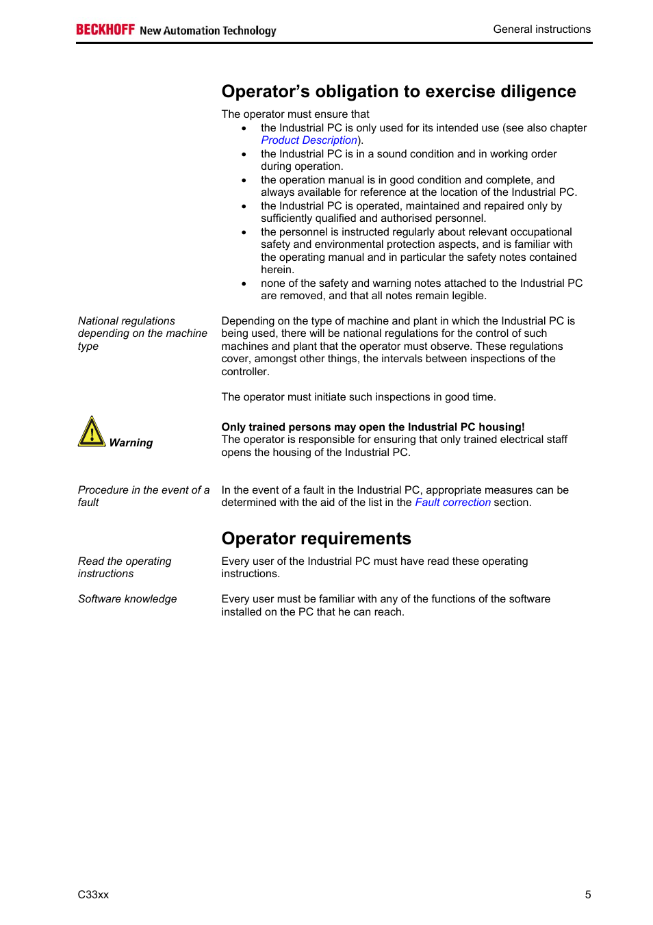 Operator’s obligation to exercise diligence, Operator requirements | BECKHOFF C33xx User Manual | Page 7 / 29