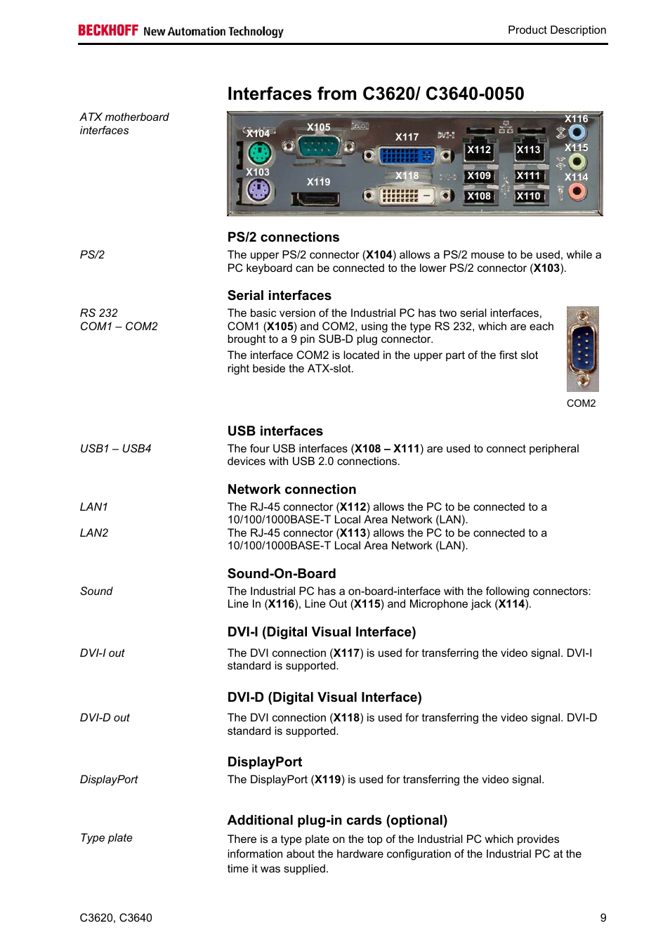 Interfaces from c3620/ c3640-0050, Ps/2 connections, Serial interfaces | Usb interfaces, Network connection, Sound-on-board, Dvi-i (digital visual interface), Dvi-d (digital visual interface), Displayport, Additional plug-in cards (optional) | BECKHOFF C3620 User Manual | Page 11 / 26