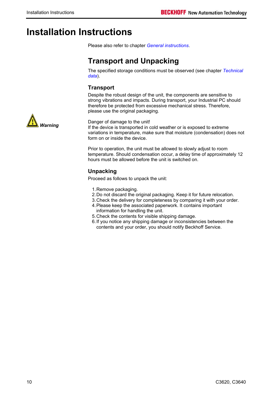 Installation instructions, Transport and unpacking, Transport | Unpacking, Unpacking 10 | BECKHOFF C3620 User Manual | Page 12 / 26