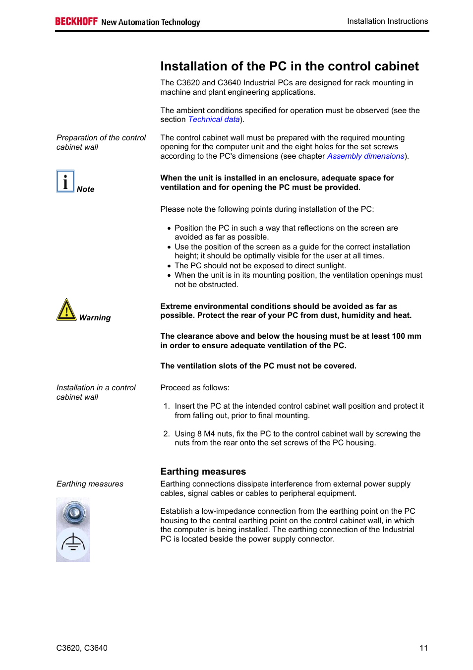 Installation of the pc in the control cabinet, Earthing measures | BECKHOFF C3620 User Manual | Page 13 / 26