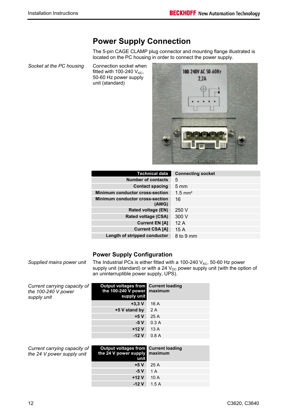 Power supply connection, Technical data, Connecting socket | Contact spacing, Power supply configuration | BECKHOFF C3620 User Manual | Page 14 / 26