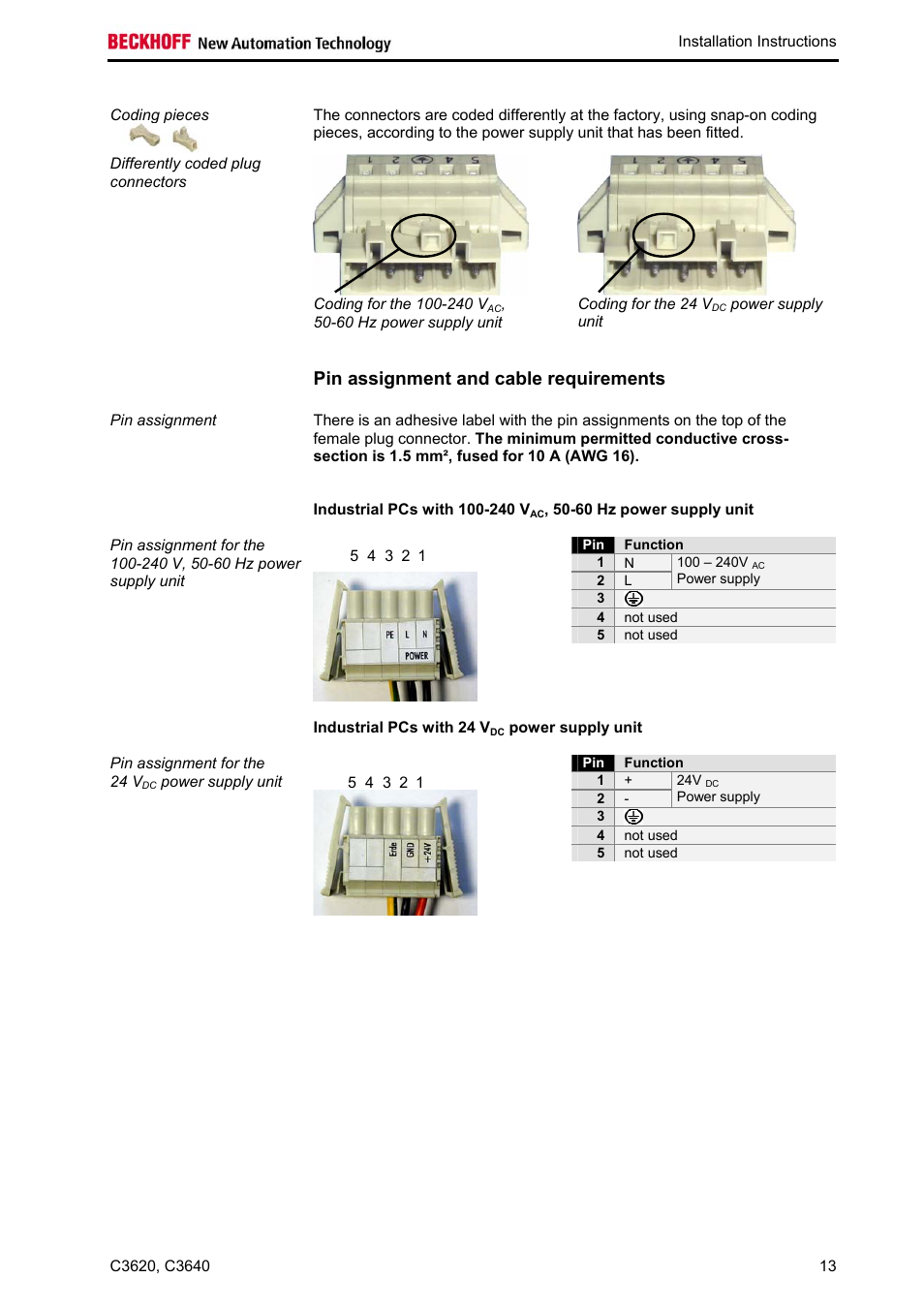 Pin assignment and cable requirements, Industrial pcs with 100-240 vac, 50-60 hz power, Industrial pcs with 24 vdc power supply unit | BECKHOFF C3620 User Manual | Page 15 / 26