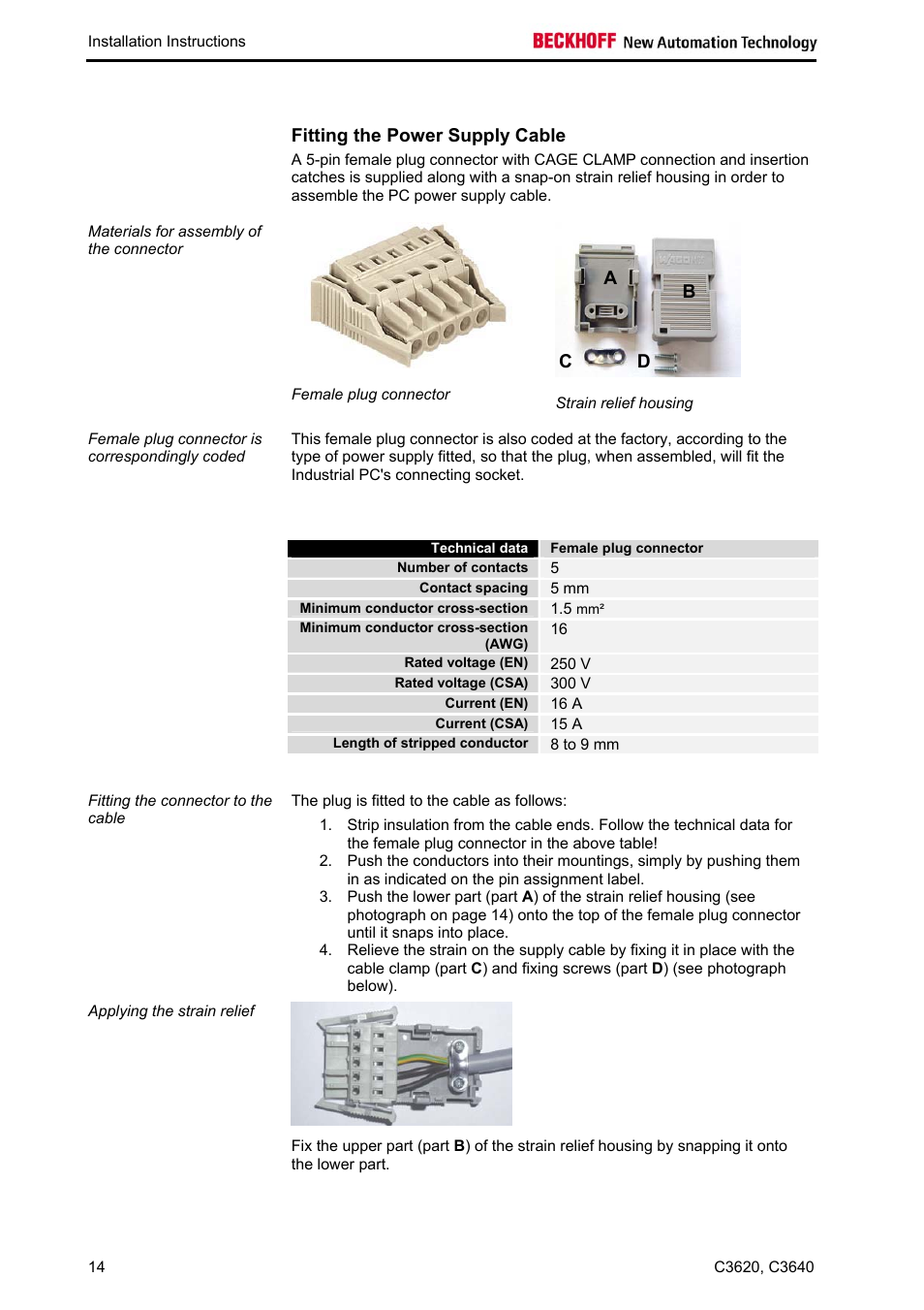 Fitting the power supply cable, Technical data, Female plug connector | Ab c d | BECKHOFF C3620 User Manual | Page 16 / 26