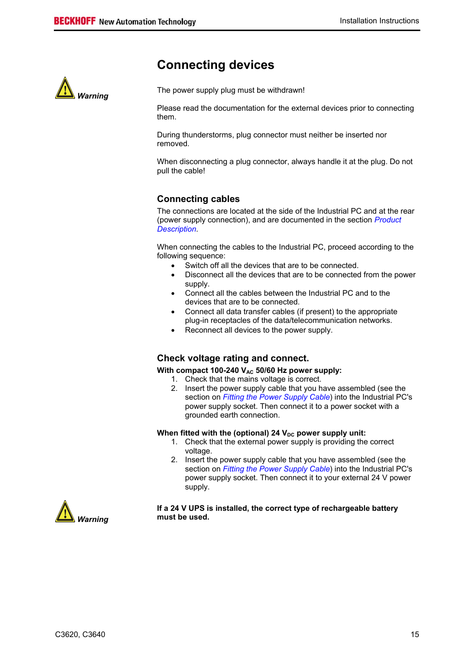 Connecting devices, Connecting cables, Check voltage rating and connect | BECKHOFF C3620 User Manual | Page 17 / 26