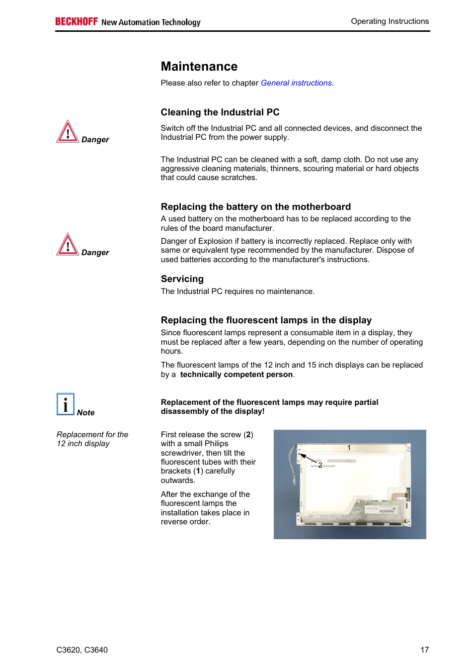 Maintenance, Cleaning the industrial pc, Replacing the battery on the motherboard | Servicing, Replacing the fluorescent lamps in the display, Maintenance 17 | BECKHOFF C3620 User Manual | Page 19 / 26