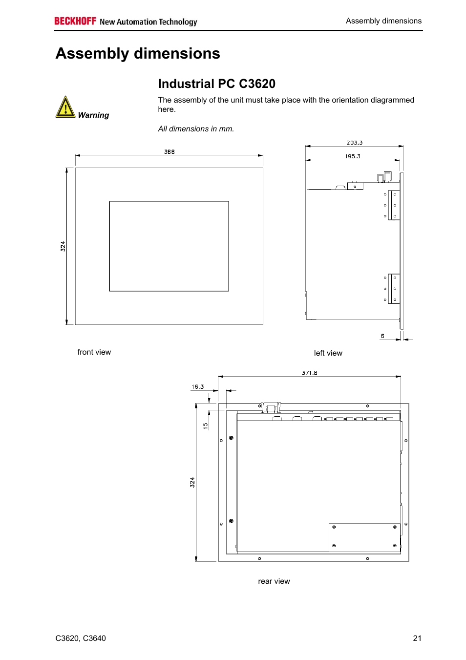 Assembly dimensions, Industrial pc c3620 | BECKHOFF C3620 User Manual | Page 23 / 26