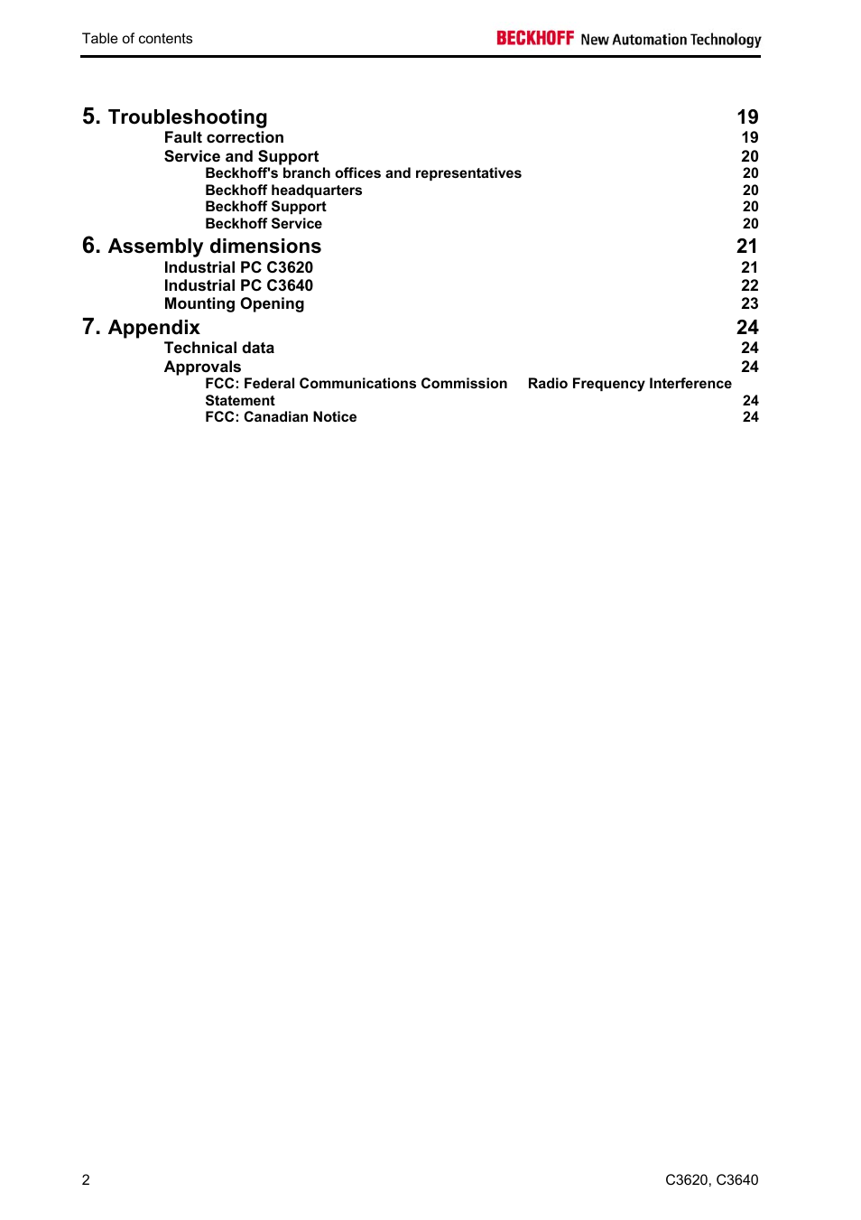 Troubleshooting 19, Assembly dimensions 21, Appendix 24 | BECKHOFF C3620 User Manual | Page 4 / 26