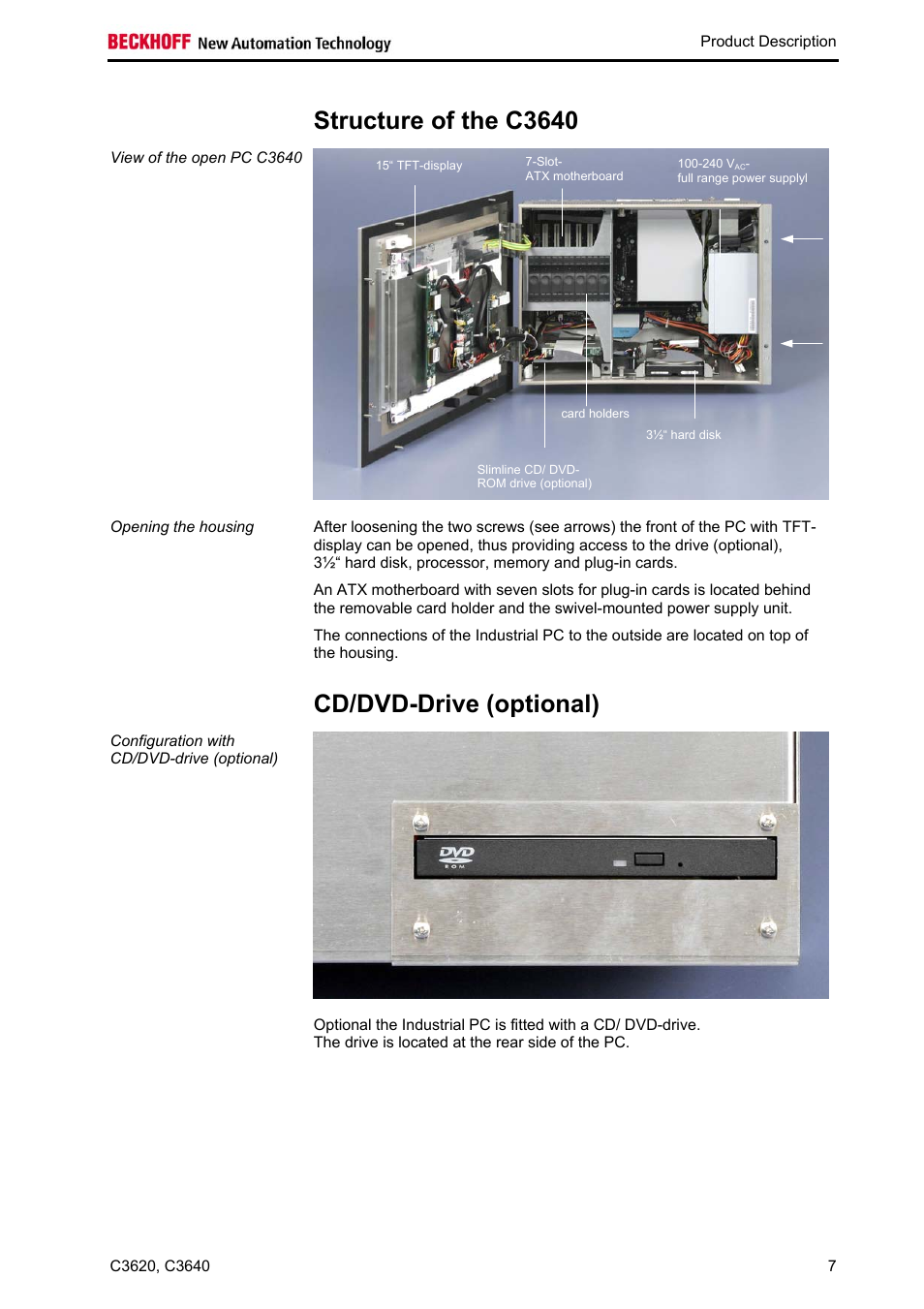 Structure of the c3640, Cd/dvd-drive (optional) | BECKHOFF C3620 User Manual | Page 9 / 26