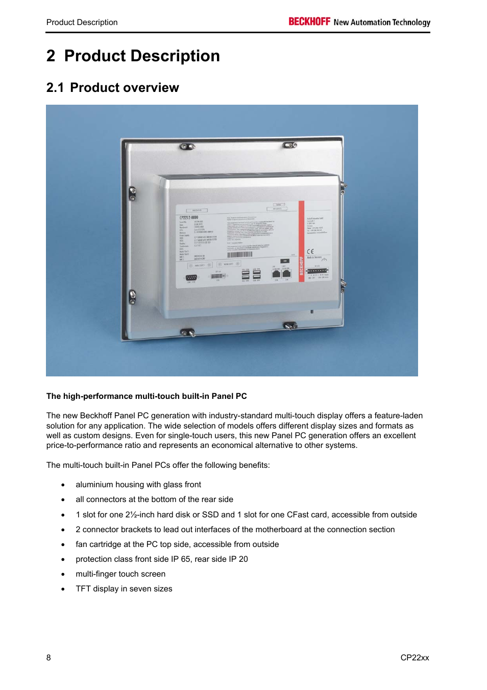 Product description, Product overview, 2 product description | 1 product overview | BECKHOFF CP22xx User Manual | Page 10 / 32