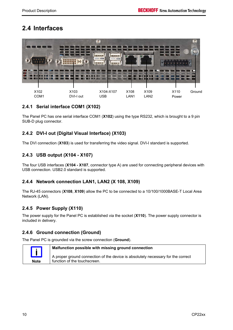 Interfaces, Serial interface com1 (x102), Dvi-i out (digital visual interface) (x103) | Usb output (x104 - x107), Network connection lan1, lan2 (x 108, x109), Power supply (x110), Ground connection (ground), Interfaces 10, 4 interfaces | BECKHOFF CP22xx User Manual | Page 12 / 32