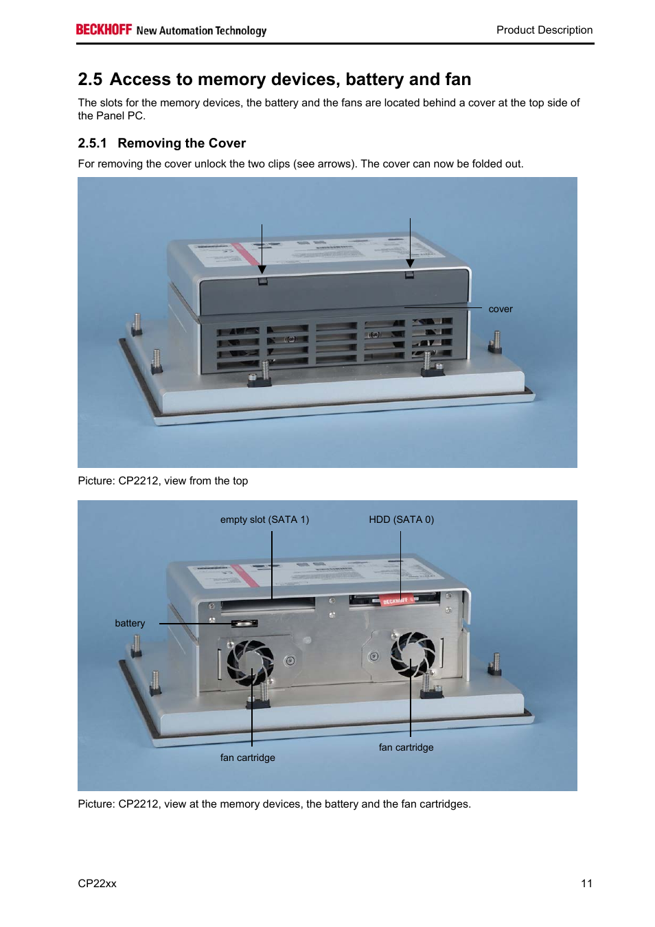 Access to memory devices, battery and fan, Removing the cover, 1 removing the cover | BECKHOFF CP22xx User Manual | Page 13 / 32