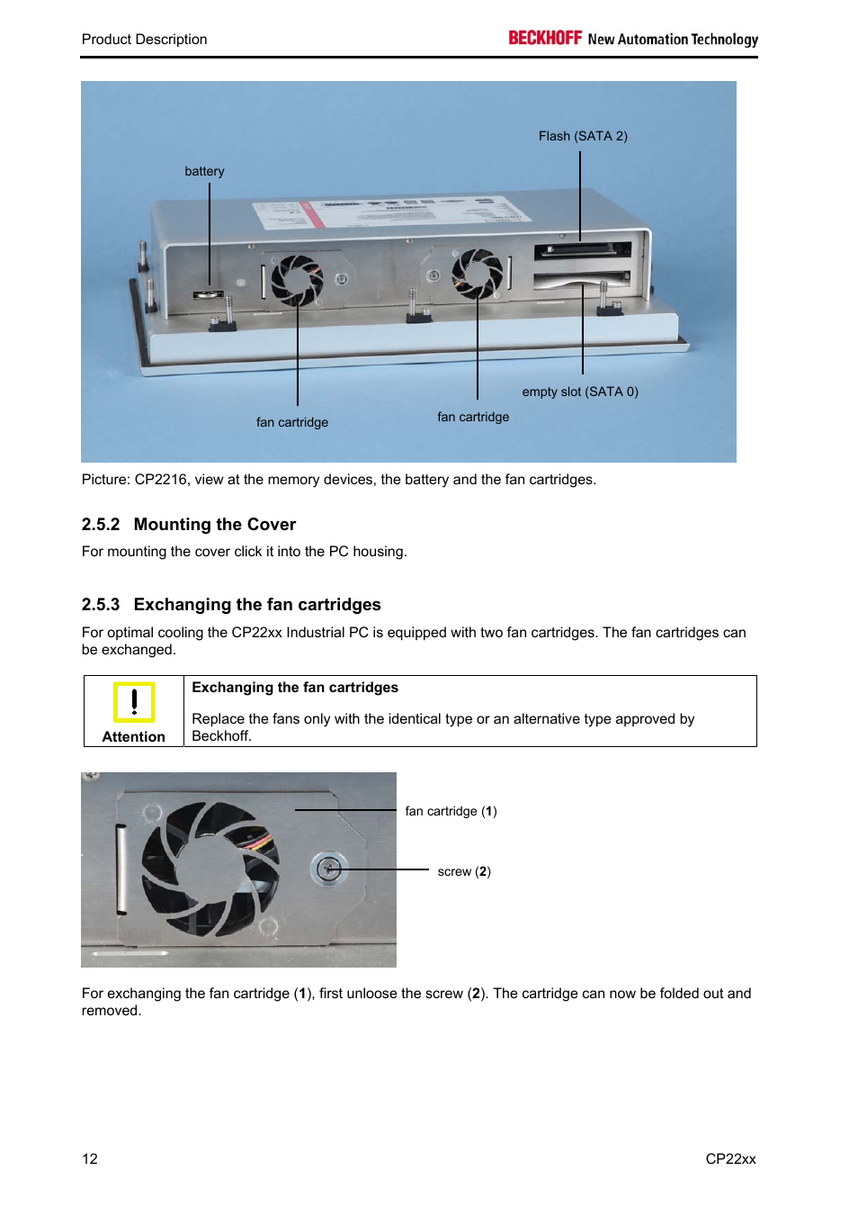 Mounting the cover, Exchanging the fan cartridges, 2 mounting the cover | 3 exchanging the fan cartridges | BECKHOFF CP22xx User Manual | Page 14 / 32