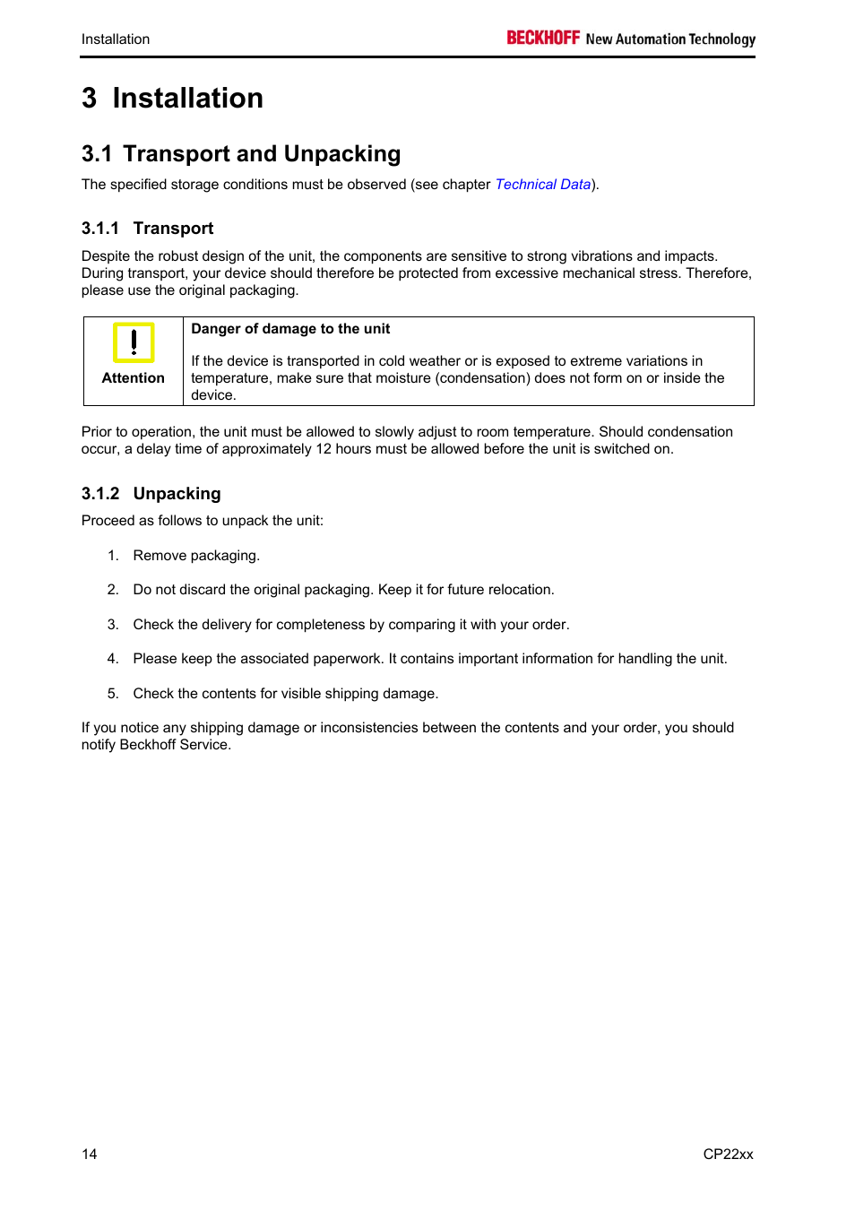 Installation, Transport and unpacking, Transport | Unpacking, Installation 14, Unpacking 14, 3 installation, 1 transport and unpacking | BECKHOFF CP22xx User Manual | Page 16 / 32