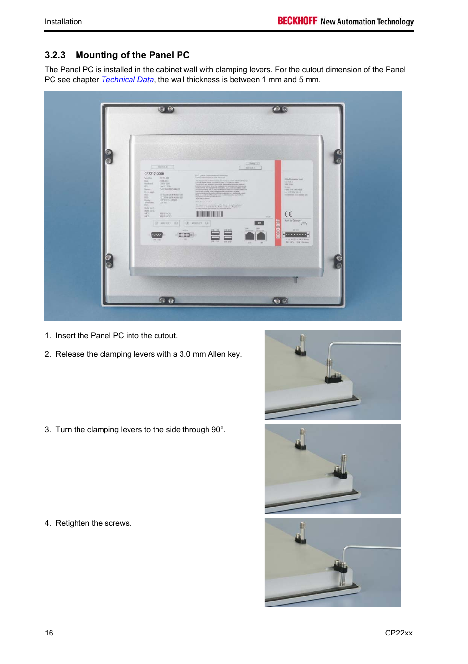 Mounting of the panel pc, 3 mounting of the panel pc | BECKHOFF CP22xx User Manual | Page 18 / 32