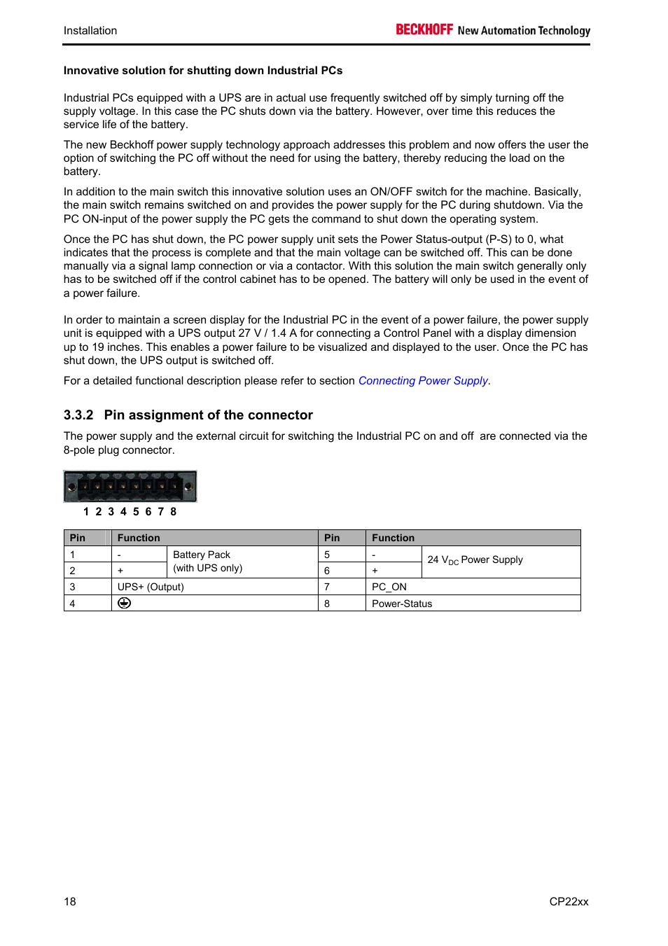 Pin assignment of the connector, 2 pin assignment of the connector | BECKHOFF CP22xx User Manual | Page 20 / 32