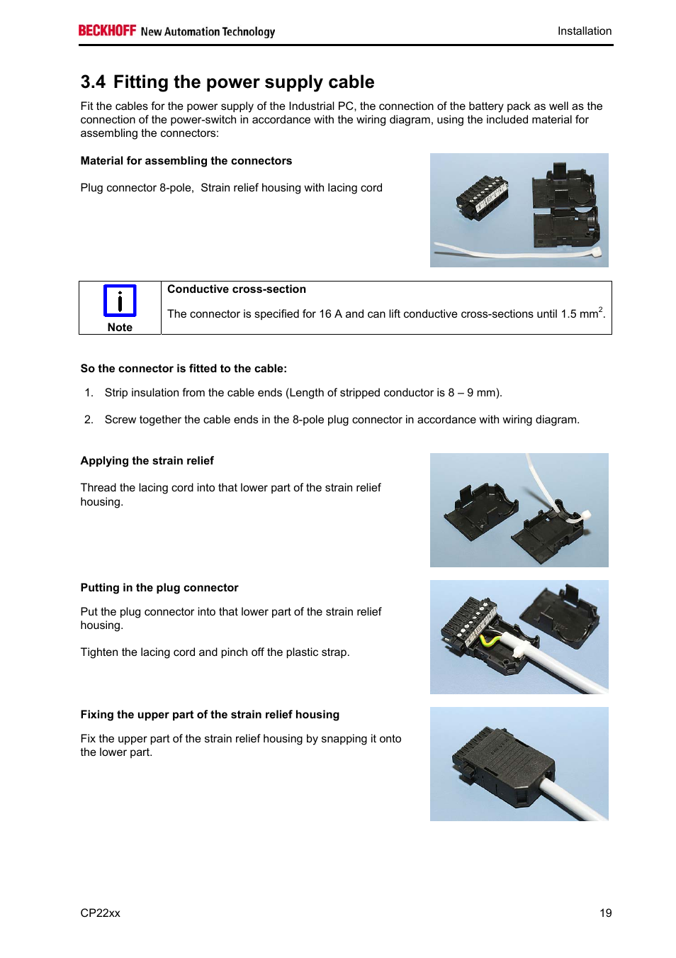 Fitting the power supply cable, So the connector is fitted to the cable, Putting in the plug connector | Fixing the upper part of the strain relief housing, 4 fitting the power supply cable | BECKHOFF CP22xx User Manual | Page 21 / 32