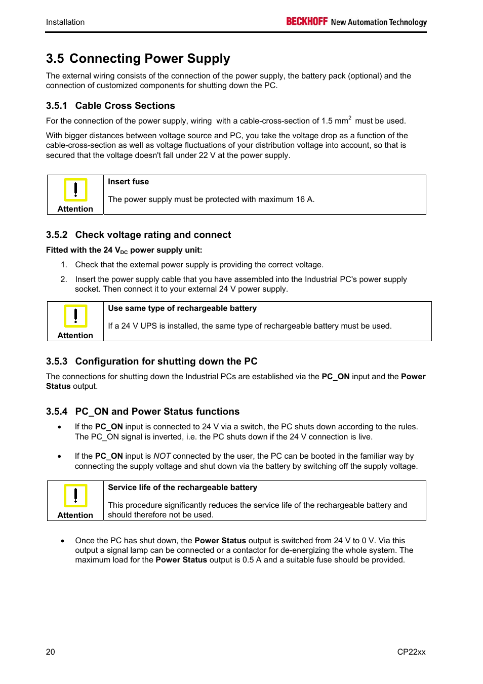 Connecting power supply, Cable cross sections, Check voltage rating and connect | Configuration for shutting down the pc, Pc_on and power status functions, 5 connecting power supply | BECKHOFF CP22xx User Manual | Page 22 / 32