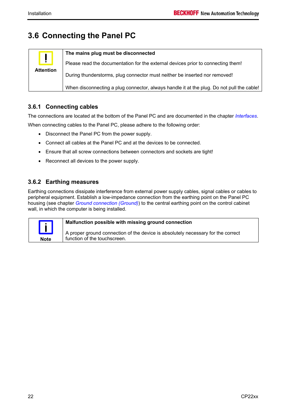 Connecting the panel pc, Connecting cables, Earthing measures | 6 connecting the panel pc | BECKHOFF CP22xx User Manual | Page 24 / 32