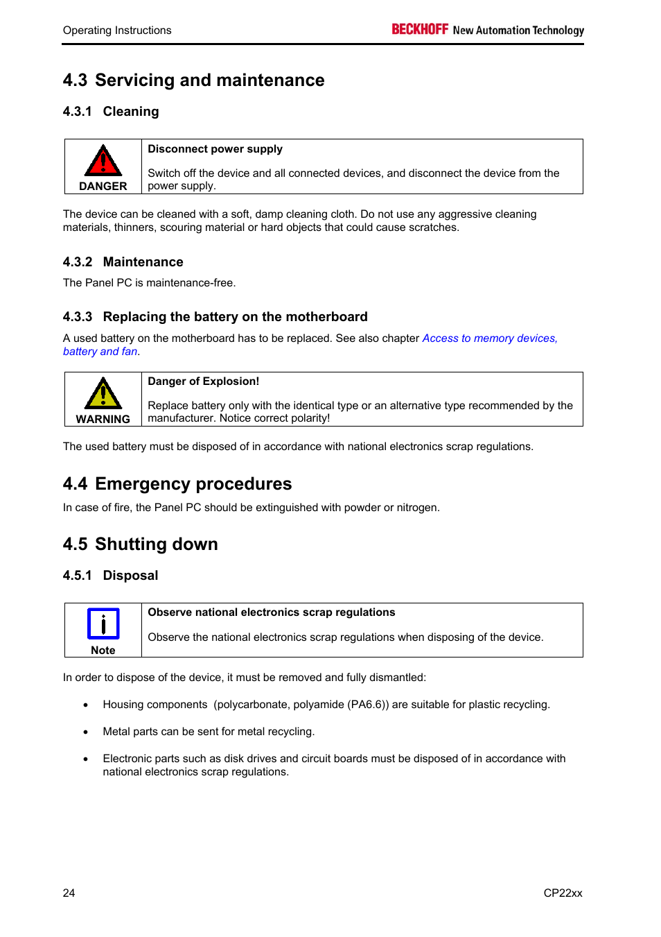 Servicing and maintenance, Cleaning, Maintenance | Replacing the battery on the motherboard, Emergency procedures, Shutting down, Disposal, Maintenance 24, 3 servicing and maintenance, 4 emergency procedures | BECKHOFF CP22xx User Manual | Page 26 / 32