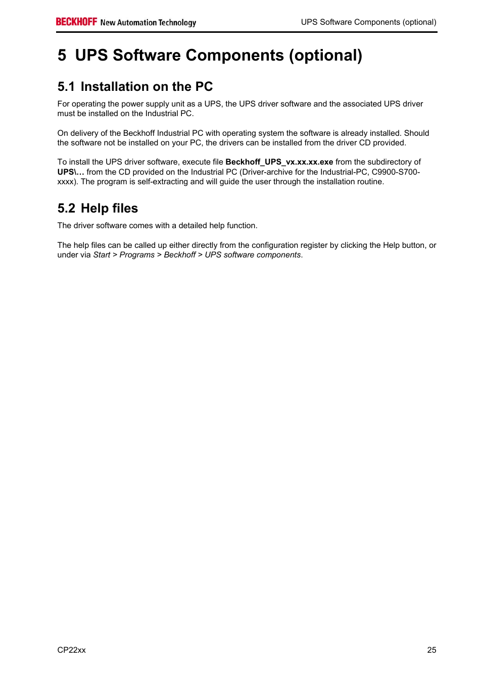 Ups software components (optional), Installation on the pc, Help files | 5 ups software components (optional), 1 installation on the pc, 2 help files | BECKHOFF CP22xx User Manual | Page 27 / 32