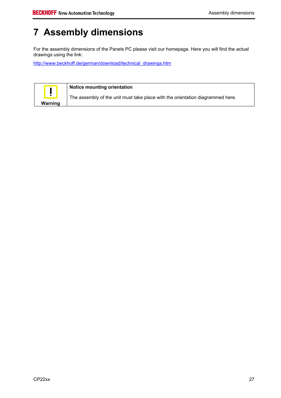 Assembly dimensions, 7 assembly dimensions | BECKHOFF CP22xx User Manual | Page 29 / 32