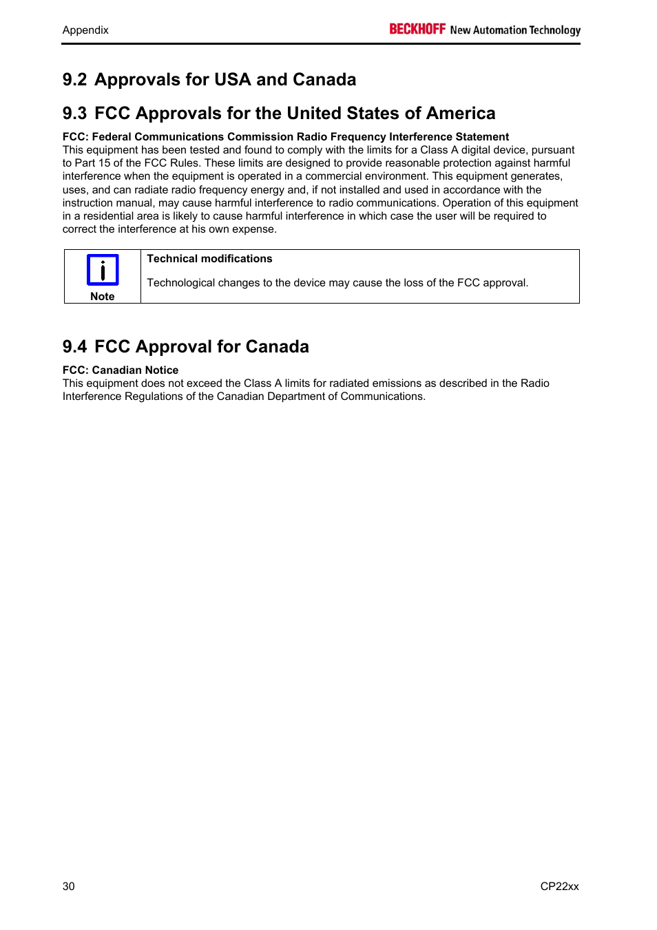 Approvals for usa and canada, Fcc approvals for the united states of america, Fcc approval for canada | Fcc: canadian notice, 4 fcc approval for canada | BECKHOFF CP22xx User Manual | Page 32 / 32