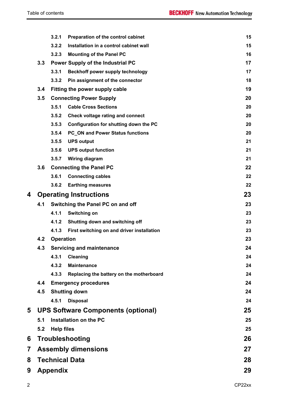 Operating instructions 23, Ups software components (optional) 25, Troubleshooting 26 | Assembly dimensions 27, Technical data 28, Appendix 29 | BECKHOFF CP22xx User Manual | Page 4 / 32