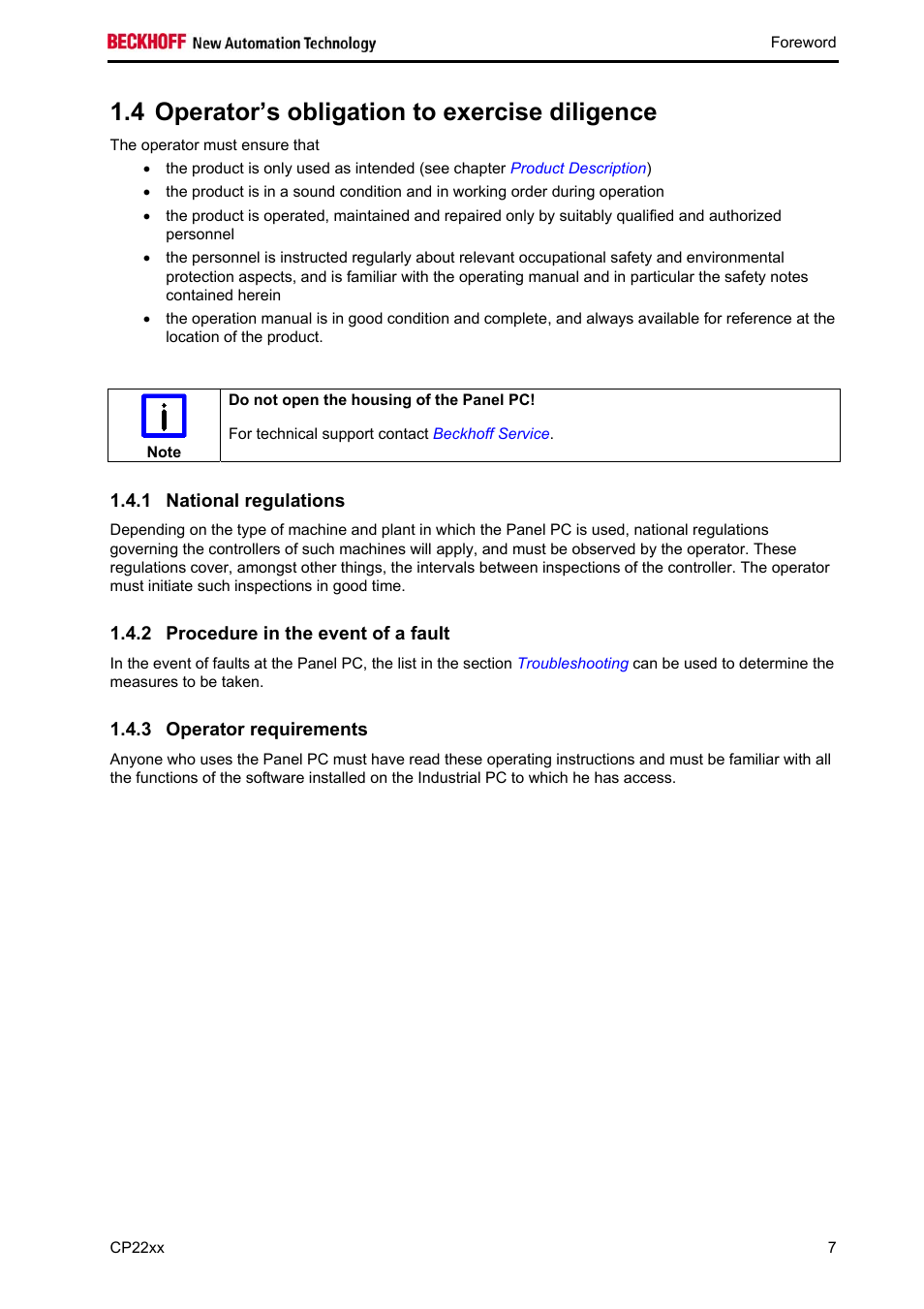 Operator’s obligation to exercise diligence, National regulations, Procedure in the event of a fault | Operator requirements, 4 operator’s obligation to exercise diligence | BECKHOFF CP22xx User Manual | Page 9 / 32