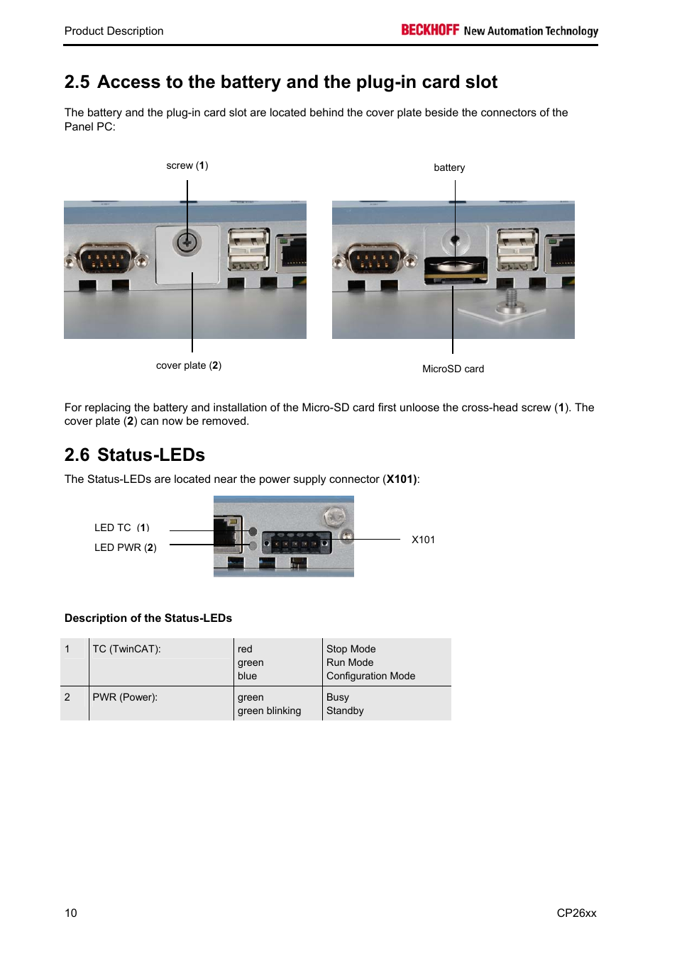 Access to the battery and the plug-in card slot, Status-leds, Status-leds 10 | 5 access to the battery and the plug-in card slot, 6 status-leds | BECKHOFF CP26xx User Manual | Page 12 / 24