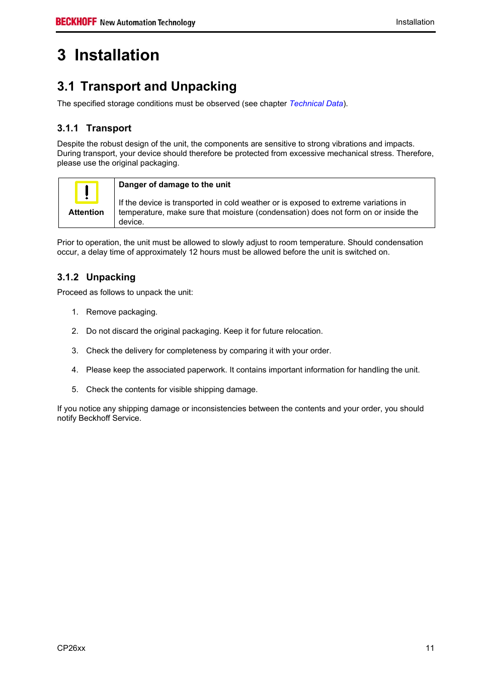 Installation, Transport and unpacking, Transport | Unpacking, Installation 11, Unpacking 11, 3 installation, 1 transport and unpacking | BECKHOFF CP26xx User Manual | Page 13 / 24