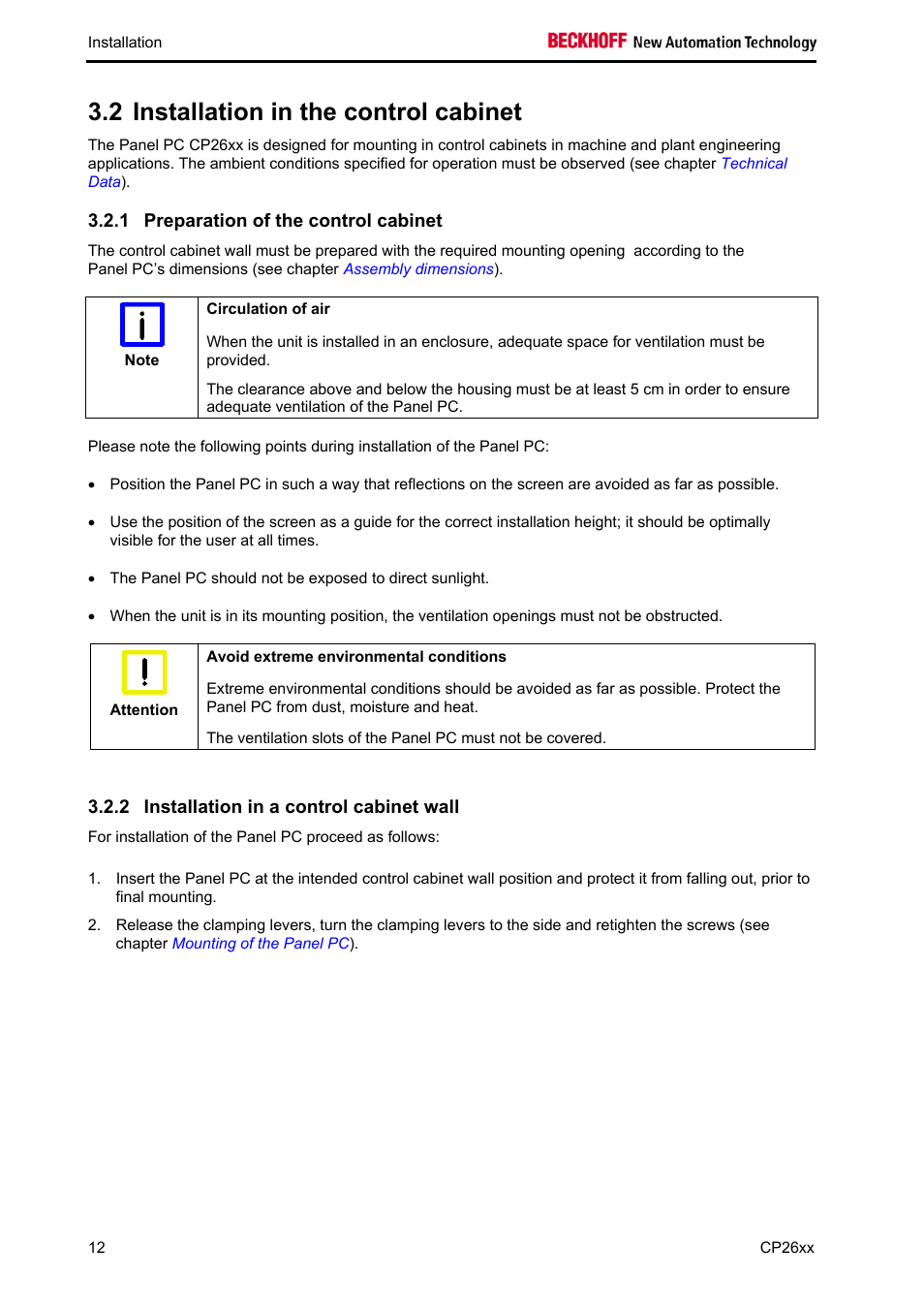 Installation in the control cabinet, Preparation of the control cabinet, Installation in a control cabinet wall | 2 installation in the control cabinet | BECKHOFF CP26xx User Manual | Page 14 / 24