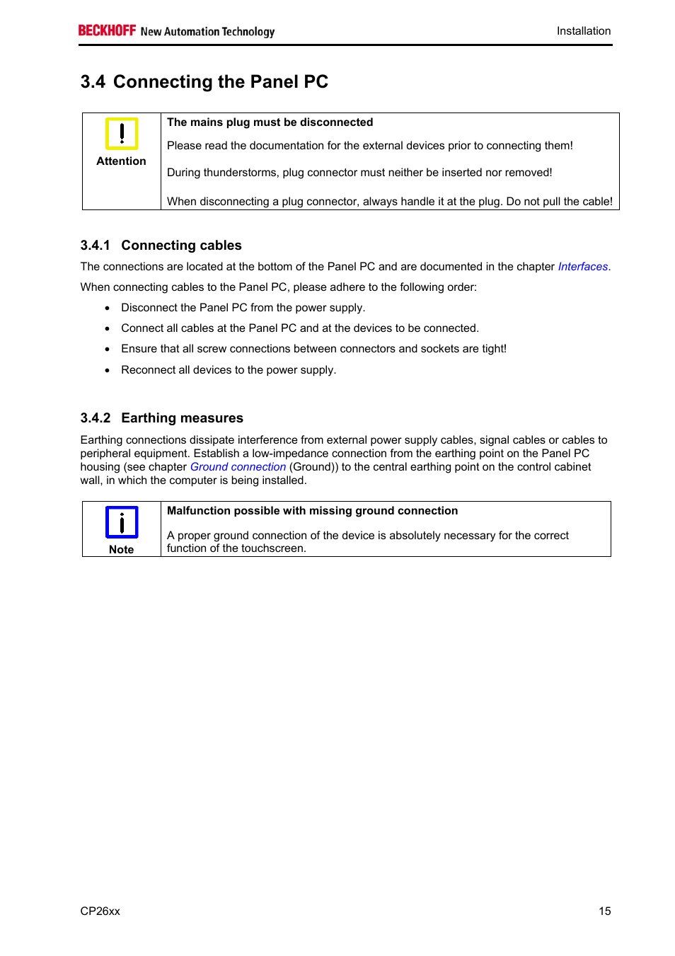 Connecting the panel pc, Connecting cables, Earthing measures | 4 connecting the panel pc | BECKHOFF CP26xx User Manual | Page 17 / 24