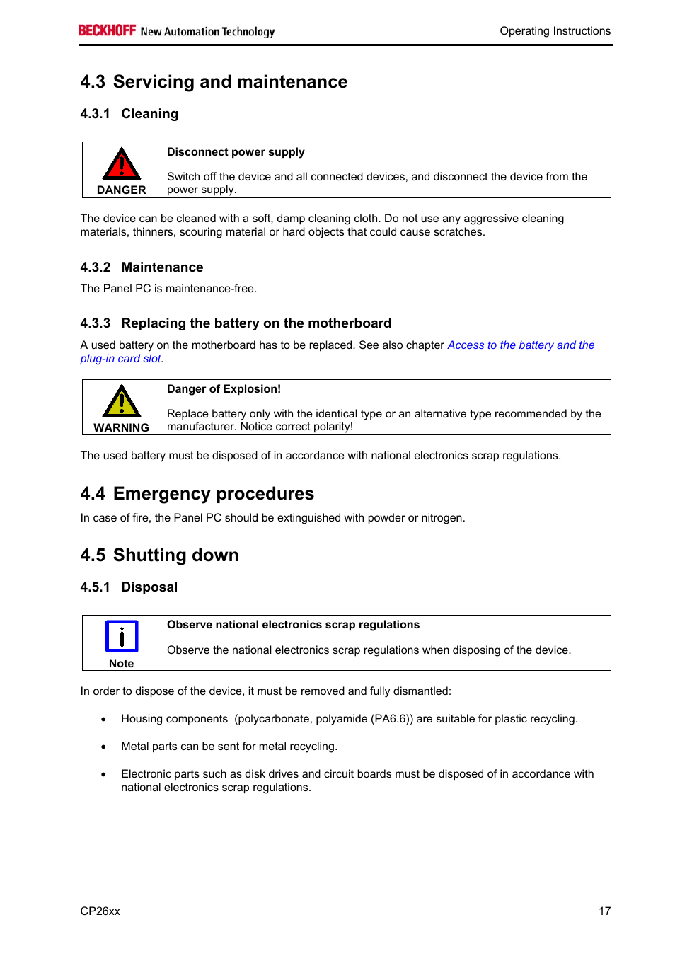 Servicing and maintenance, Cleaning, Maintenance | Replacing the battery on the motherboard, Emergency procedures, Shutting down, Disposal, Maintenance 17, 3 servicing and maintenance, 4 emergency procedures | BECKHOFF CP26xx User Manual | Page 19 / 24