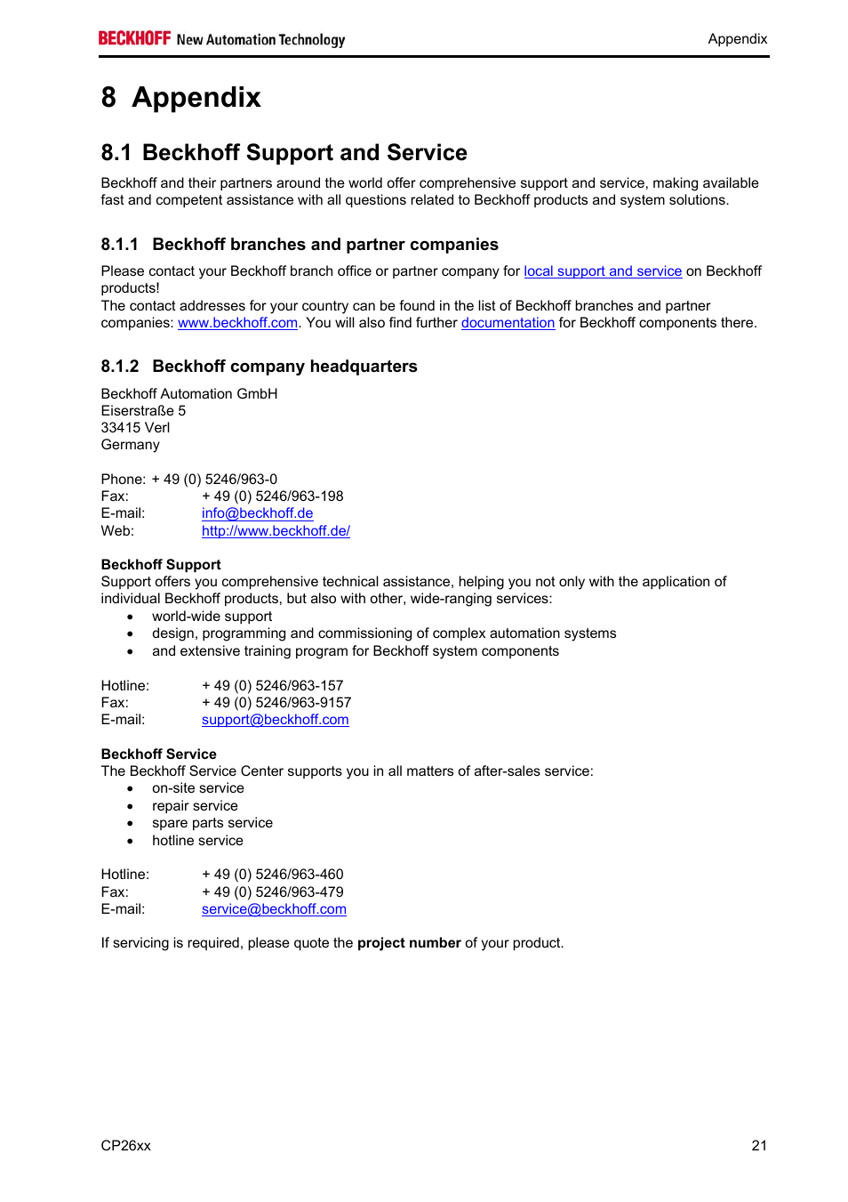 Appendix, Beckhoff support and service, Beckhoff branches and partner companies | Beckhoff company headquarters, Beckhoff support, Beckhoff service, Appendix 21, 8 appendix, 1 beckhoff support and service | BECKHOFF CP26xx User Manual | Page 23 / 24