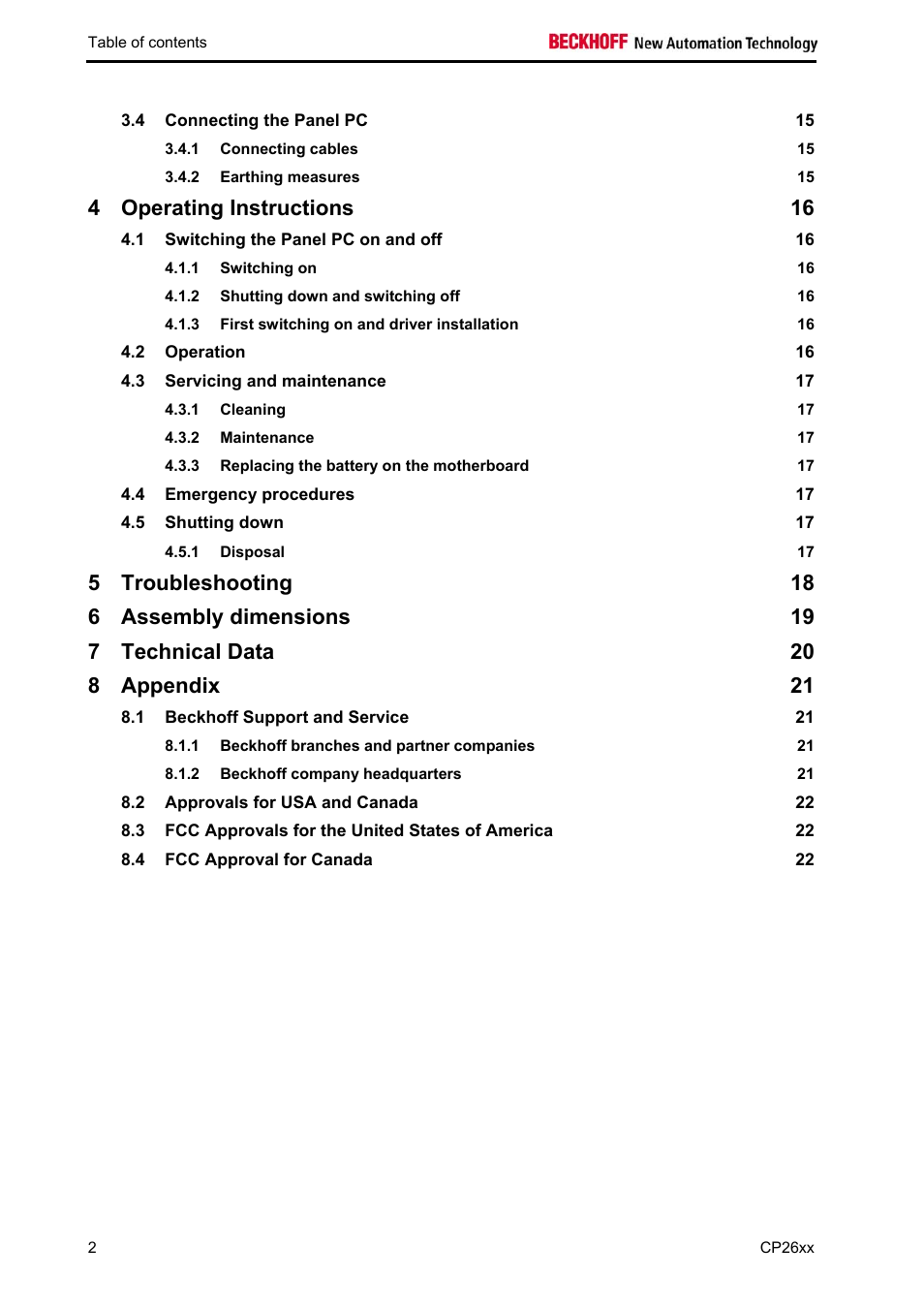 Operating instructions 16, Troubleshooting 18, Assembly dimensions 19 | Technical data 20, Appendix 21 | BECKHOFF CP26xx User Manual | Page 4 / 24