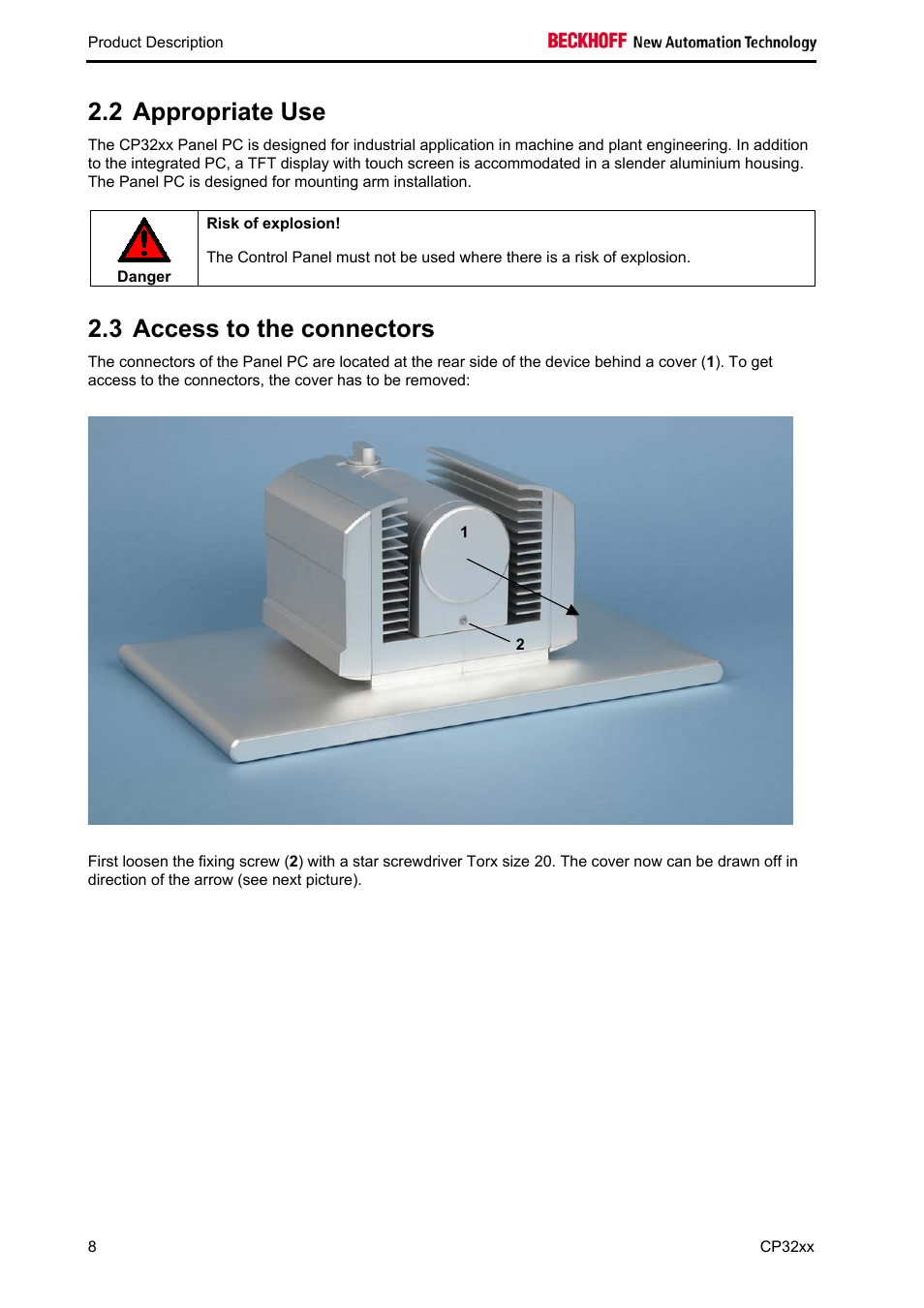 Appropriate use, Access to the connectors, 2 appropriate use | 3 access to the connectors | BECKHOFF CP32xx User Manual | Page 10 / 31