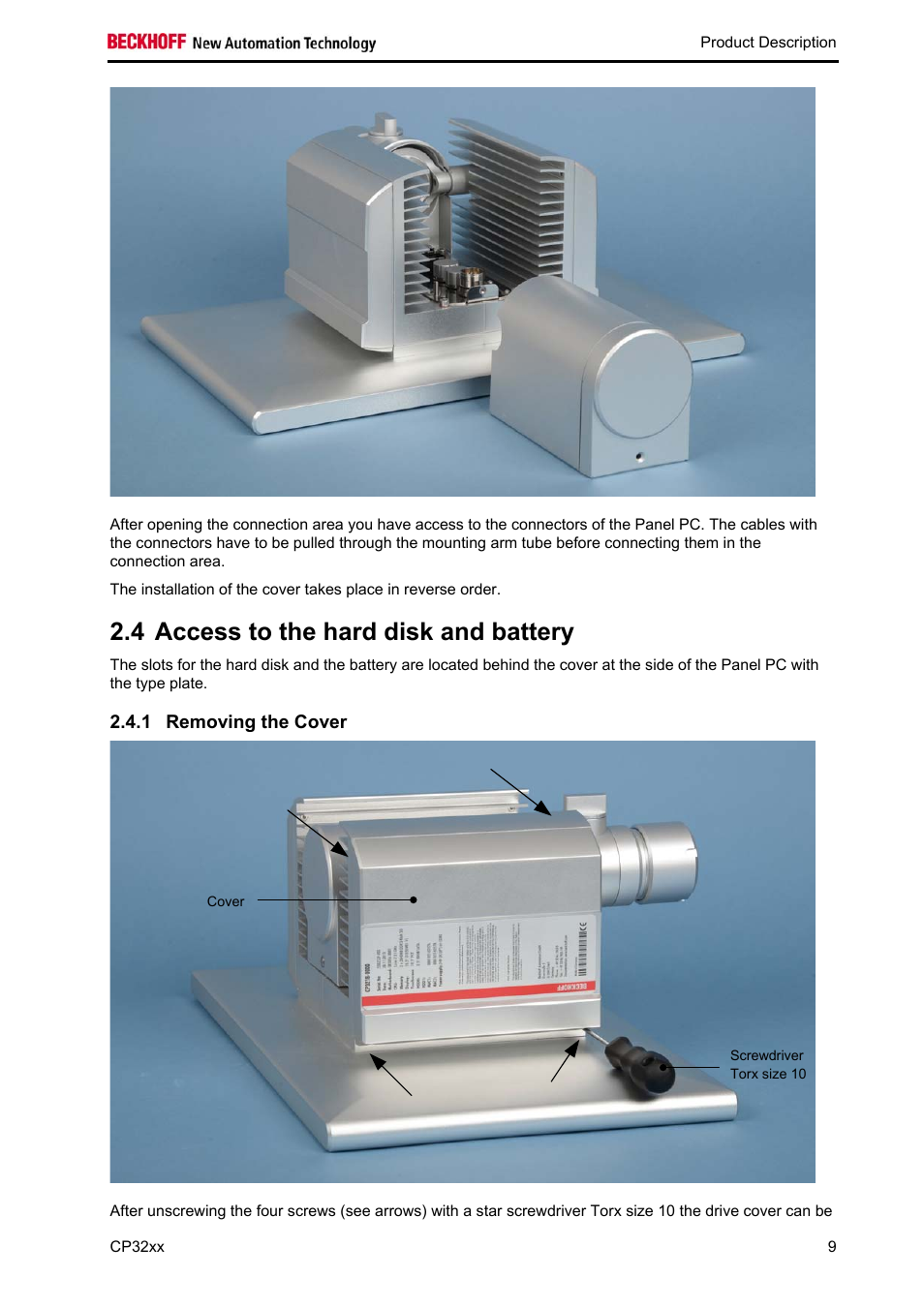 Access to the hard disk and battery, Removing the cover, 4 access to the hard disk and battery | BECKHOFF CP32xx User Manual | Page 11 / 31