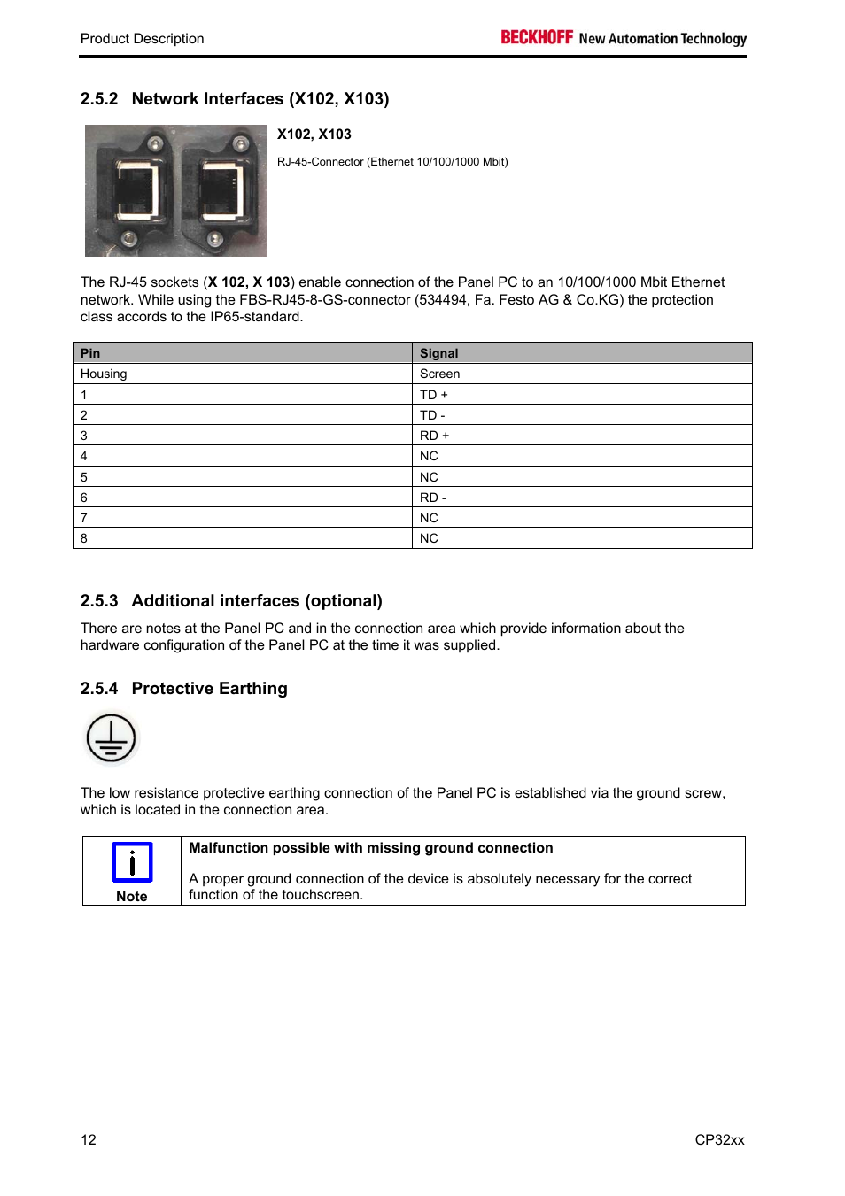 Network interfaces (x102, x103), X102, x103, Additional interfaces (optional) | Protective earthing, 3 additional interfaces (optional), 4 protective earthing | BECKHOFF CP32xx User Manual | Page 14 / 31