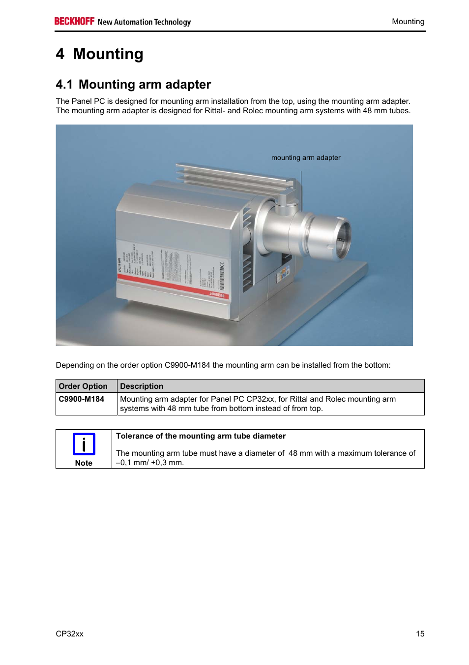 Mounting, Mounting arm adapter, Mounting 15 | 4 mounting, 1 mounting arm adapter | BECKHOFF CP32xx User Manual | Page 17 / 31