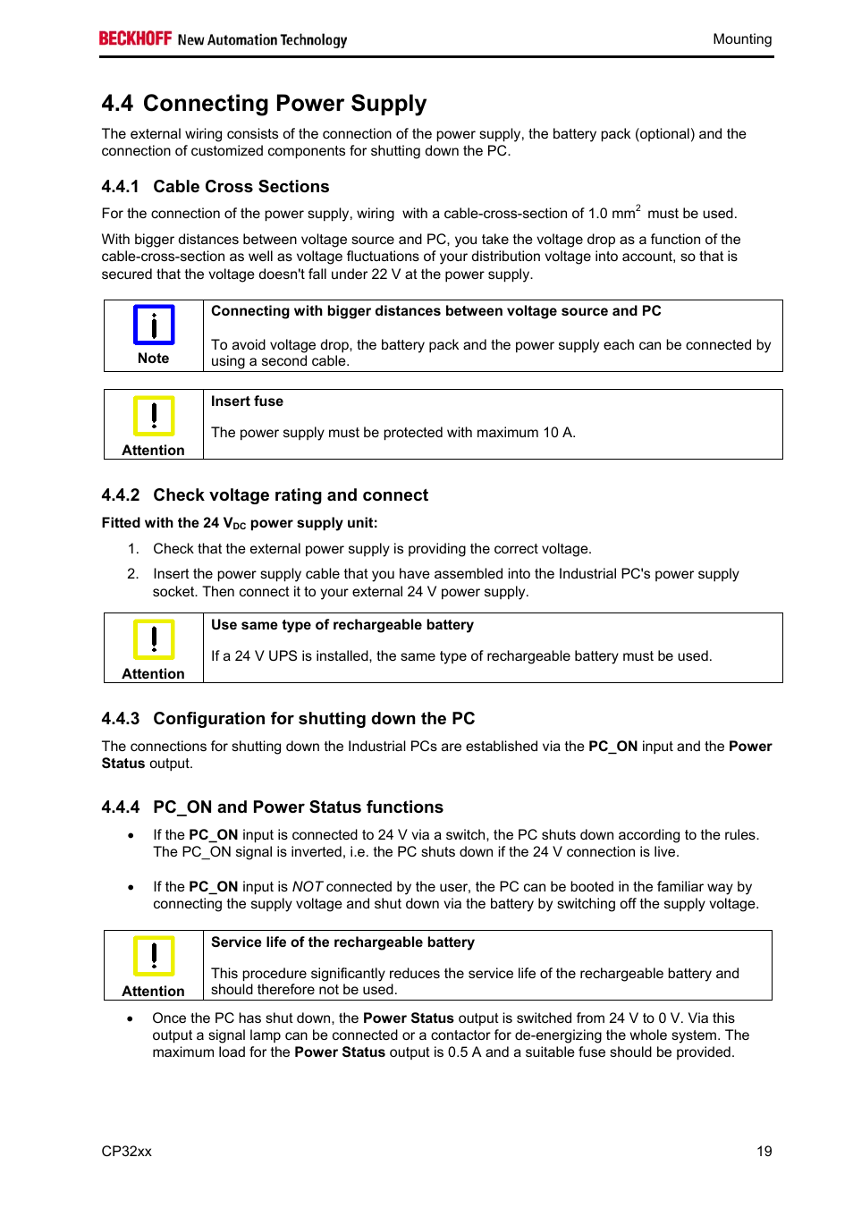 Connecting power supply, Cable cross sections, Check voltage rating and connect | Configuration for shutting down the pc, Pc_on and power status functions, 4 connecting power supply | BECKHOFF CP32xx User Manual | Page 21 / 31