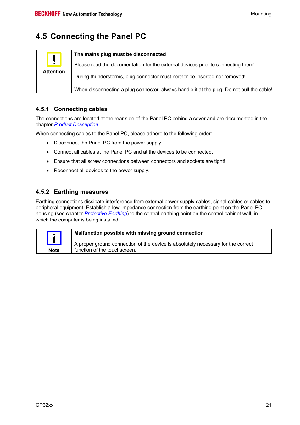 Connecting the panel pc, Connecting cables, Earthing measures | 5 connecting the panel pc | BECKHOFF CP32xx User Manual | Page 23 / 31