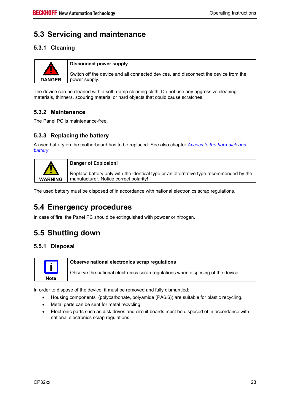 Servicing and maintenance, Cleaning, Maintenance | Replacing the battery, Emergency procedures, Shutting down, Disposal, Maintenance 23, 3 servicing and maintenance, 4 emergency procedures | BECKHOFF CP32xx User Manual | Page 25 / 31