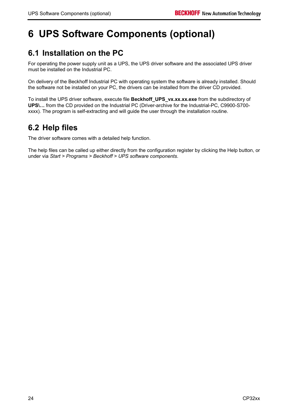 Ups software components (optional), Installation on the pc, Help files | 6 ups software components (optional), 1 installation on the pc, 2 help files | BECKHOFF CP32xx User Manual | Page 26 / 31