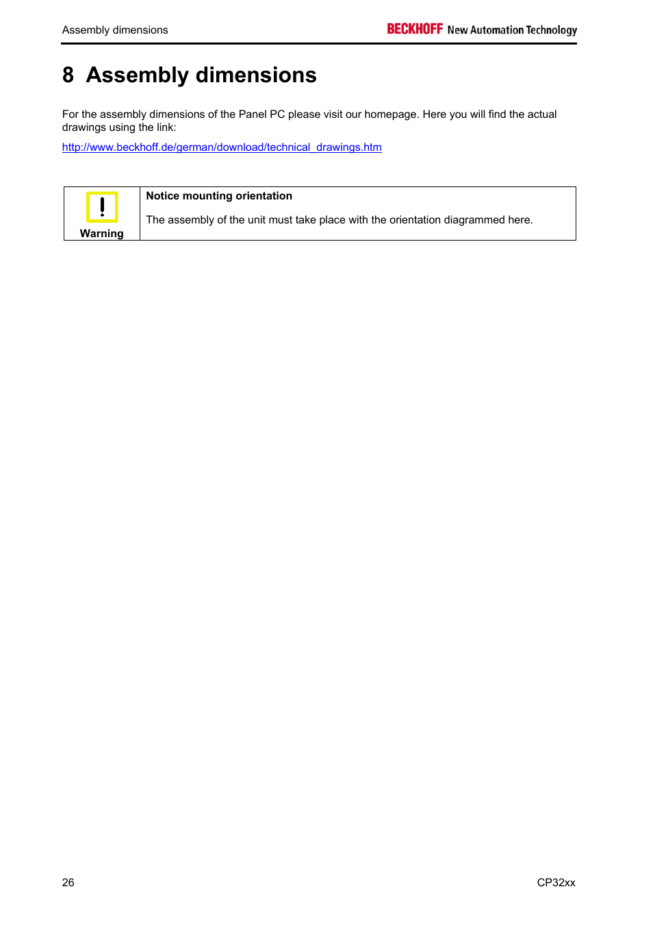 Assembly dimensions, 8 assembly dimensions | BECKHOFF CP32xx User Manual | Page 28 / 31