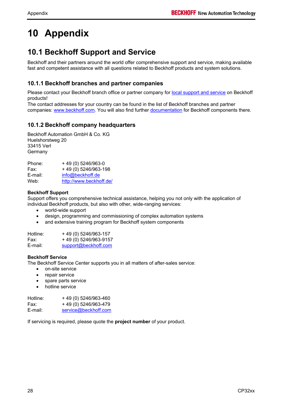 Appendix, Beckhoff support and service, Beckhoff branches and partner companies | Beckhoff company headquarters, Beckhoff support, Beckhoff service, Appendix 28, 10 appendix, 1 beckhoff support and service | BECKHOFF CP32xx User Manual | Page 30 / 31