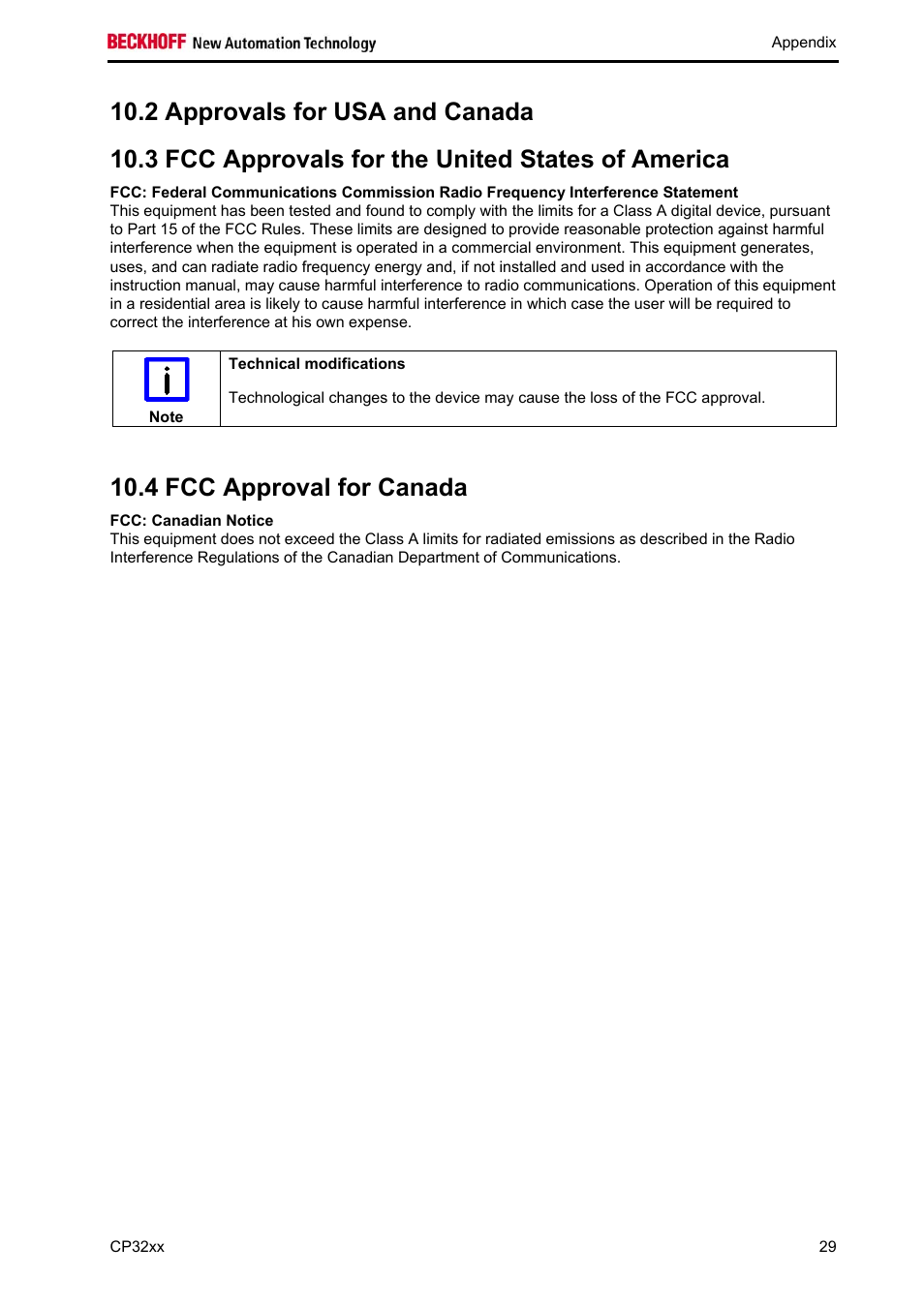 Approvals for usa and canada, Fcc approvals for the united states of america, Fcc approval for canada | Fcc: canadian notice, 4 fcc approval for canada | BECKHOFF CP32xx User Manual | Page 31 / 31