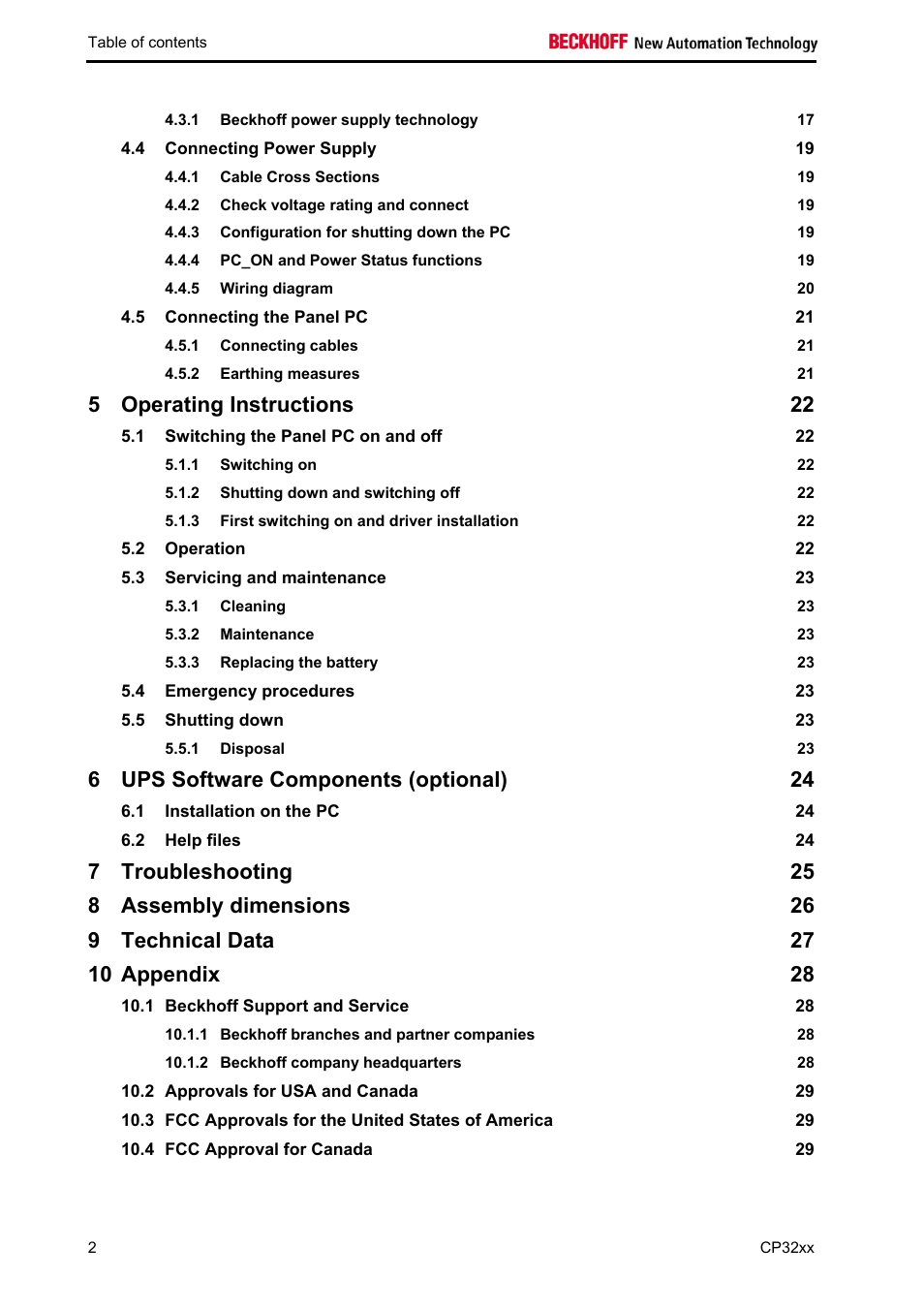 Operating instructions 22, Ups software components (optional) 24, Troubleshooting 25 | Assembly dimensions 26, Technical data 27, Appendix 28 | BECKHOFF CP32xx User Manual | Page 4 / 31