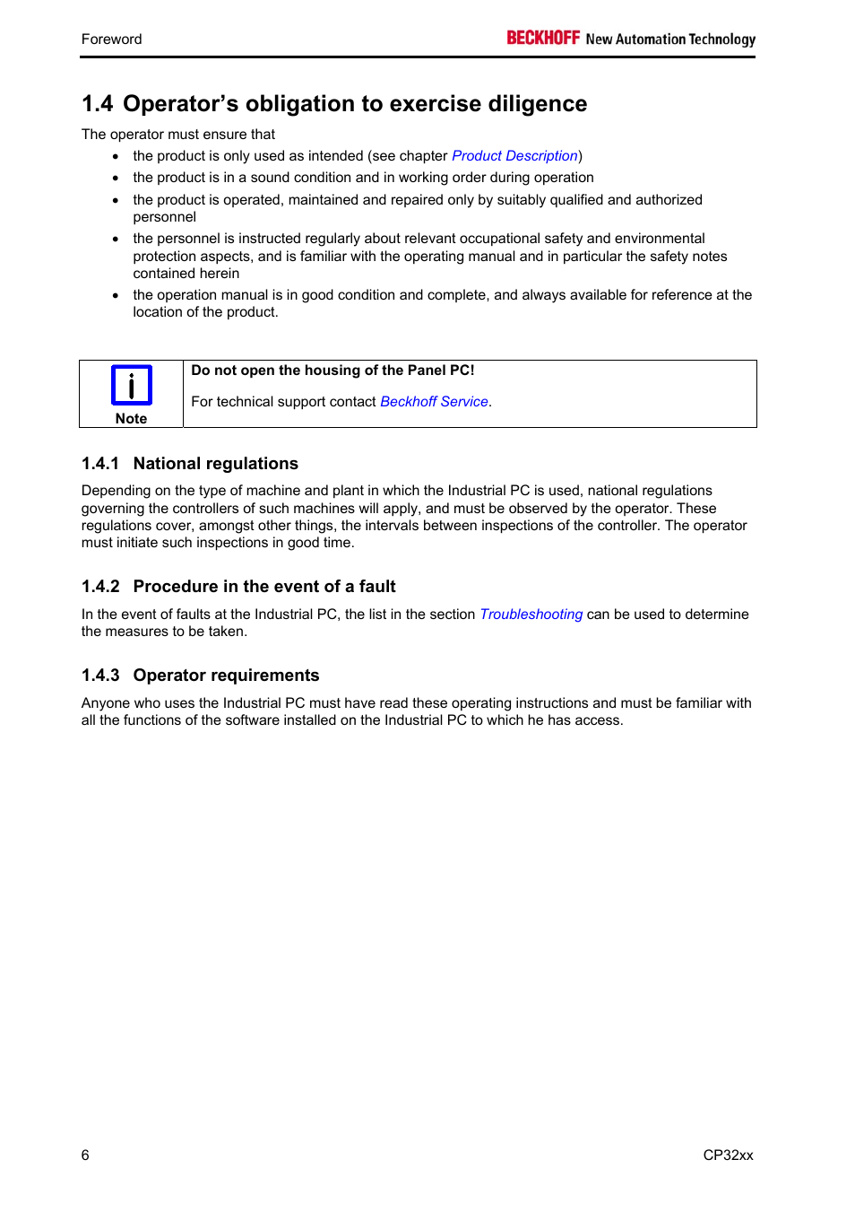 Operator’s obligation to exercise diligence, National regulations, Procedure in the event of a fault | Operator requirements, 4 operator’s obligation to exercise diligence | BECKHOFF CP32xx User Manual | Page 8 / 31