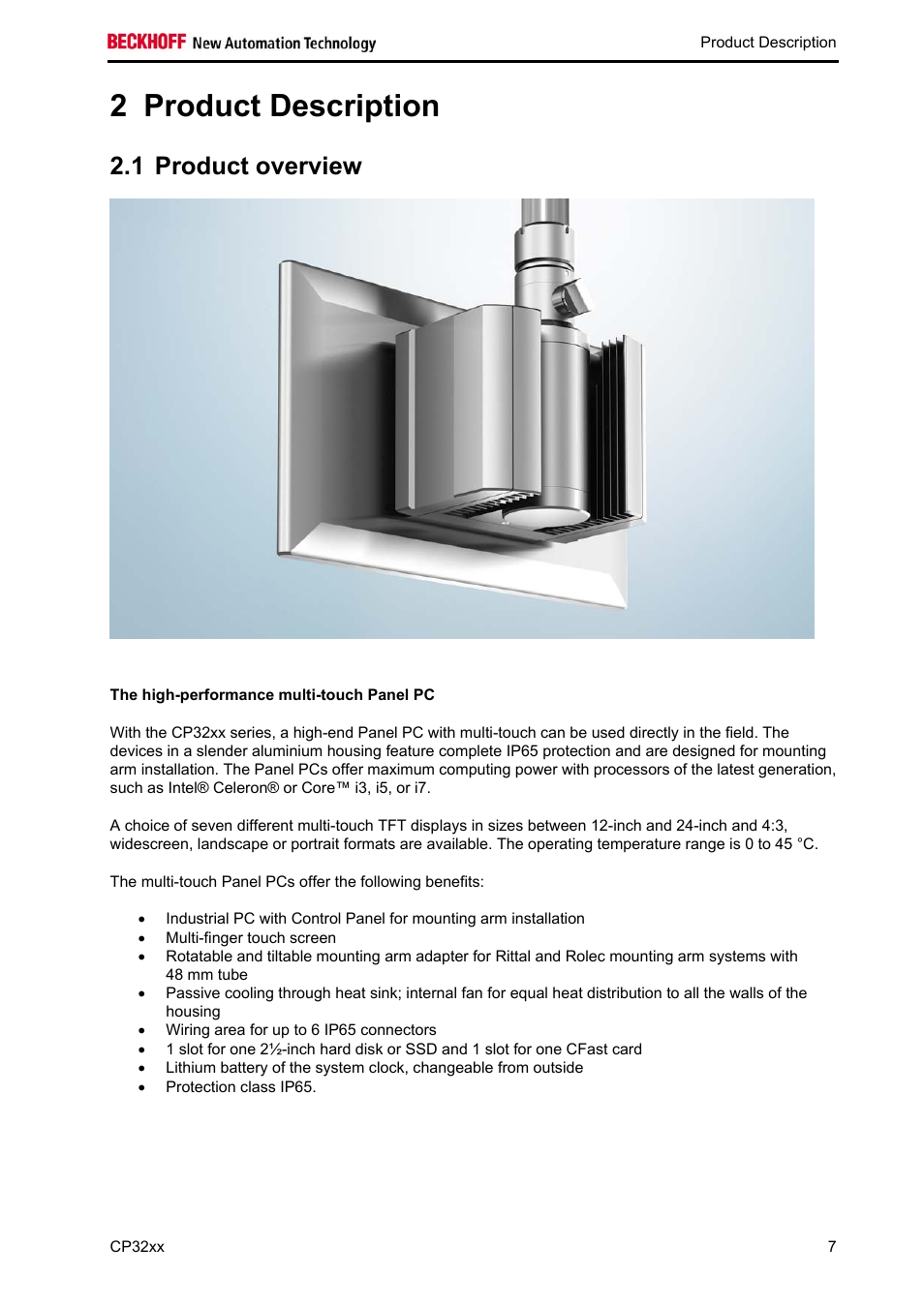 Product description, Product overview, The high-performance multi-touch panel pc | 2 product description, 1 product overview | BECKHOFF CP32xx User Manual | Page 9 / 31