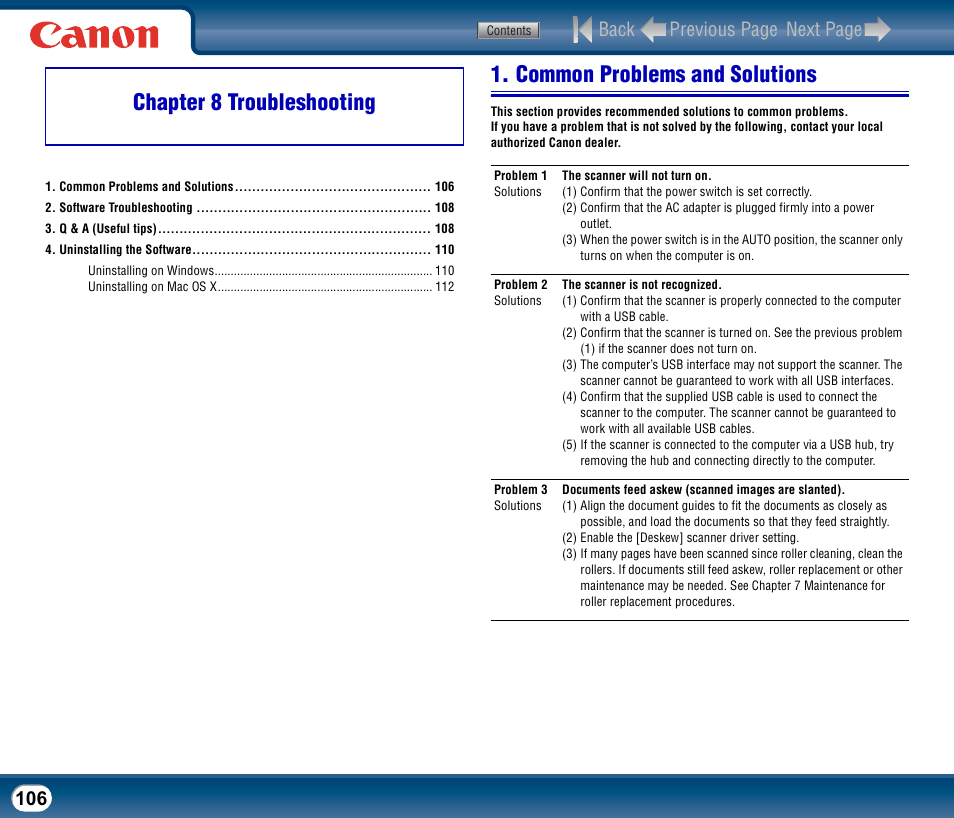 Chapter 8 troubleshooting, Common problems and solutions, Back previous page next page | Canon DR-2510M User Manual | Page 106 / 118